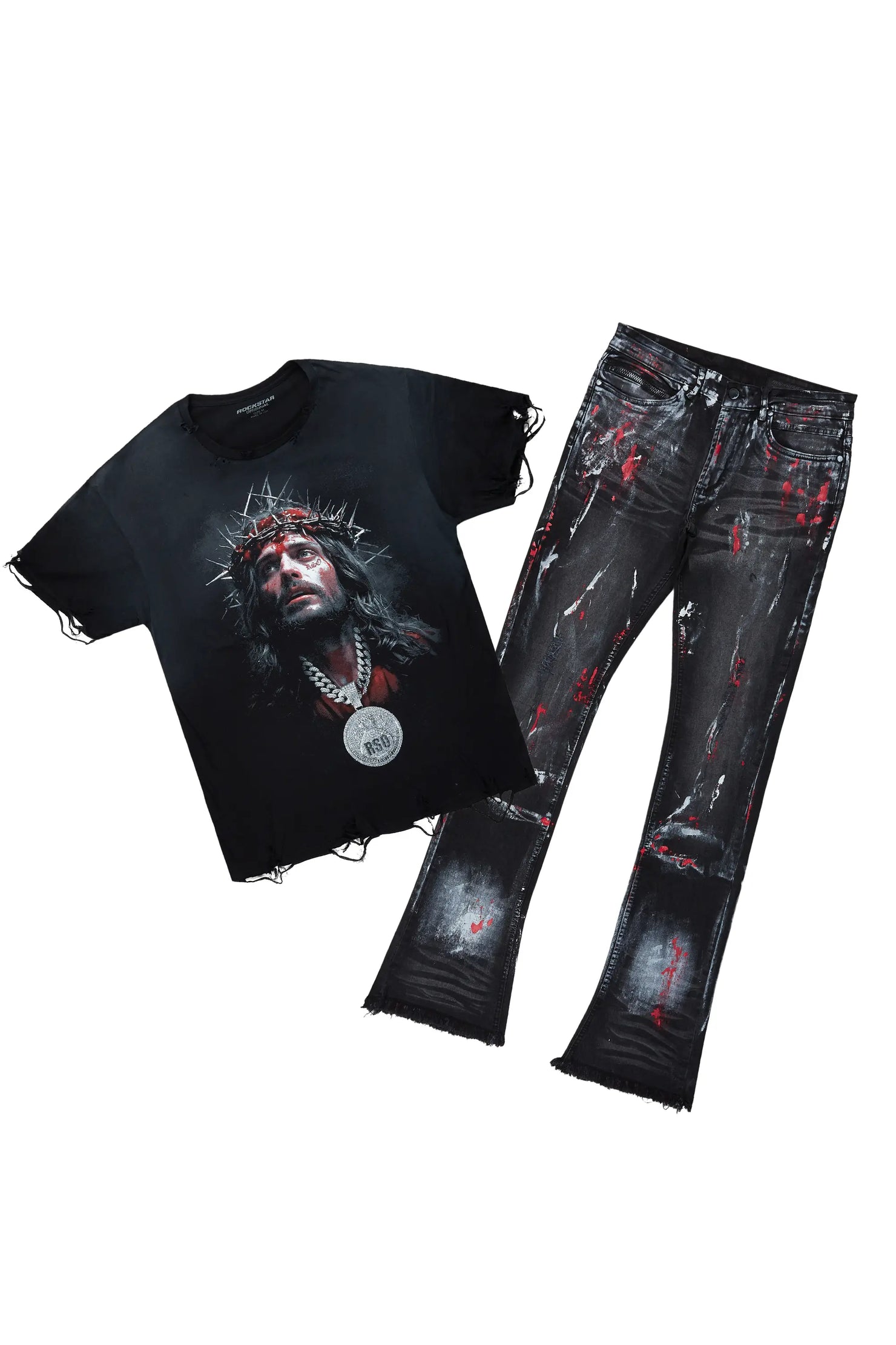 Amina Black/Red T-Shirt/Stacked Flare Jean Set