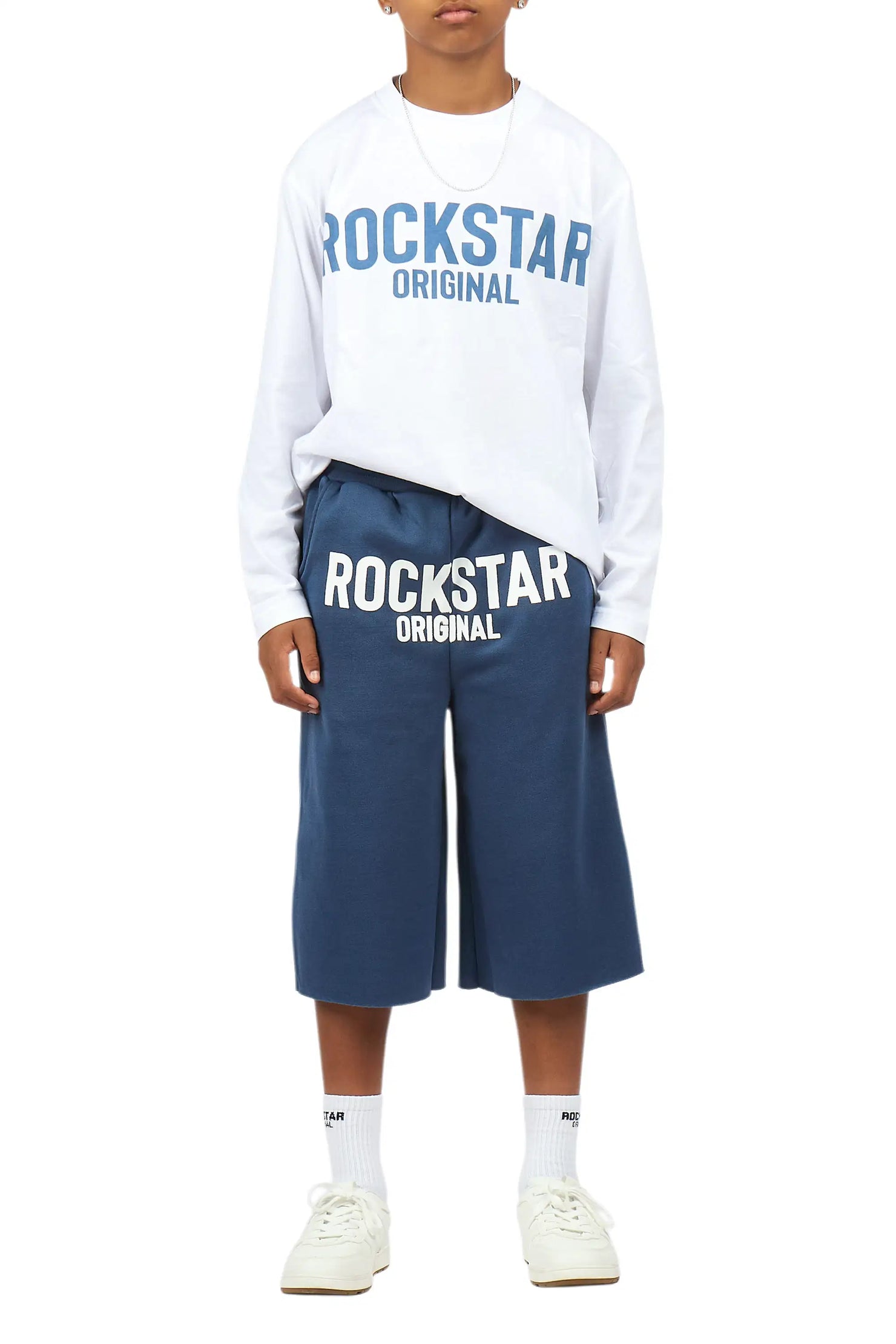 Boys Mikasso White/Navy L/S T-Shirt Jort Set