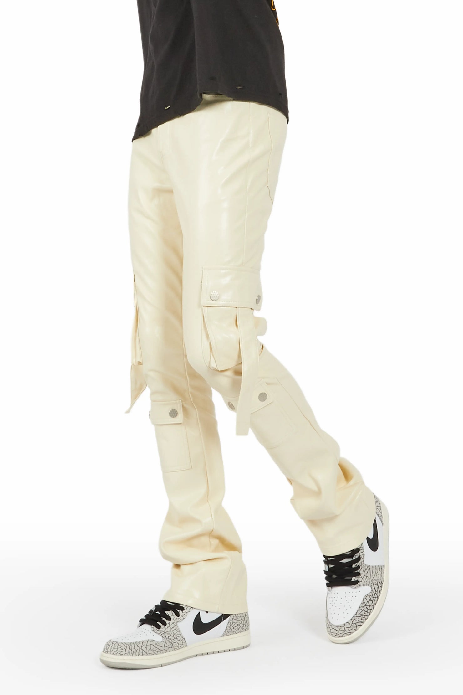 Errol Cream Faux Leather Stacked Cargo Jean