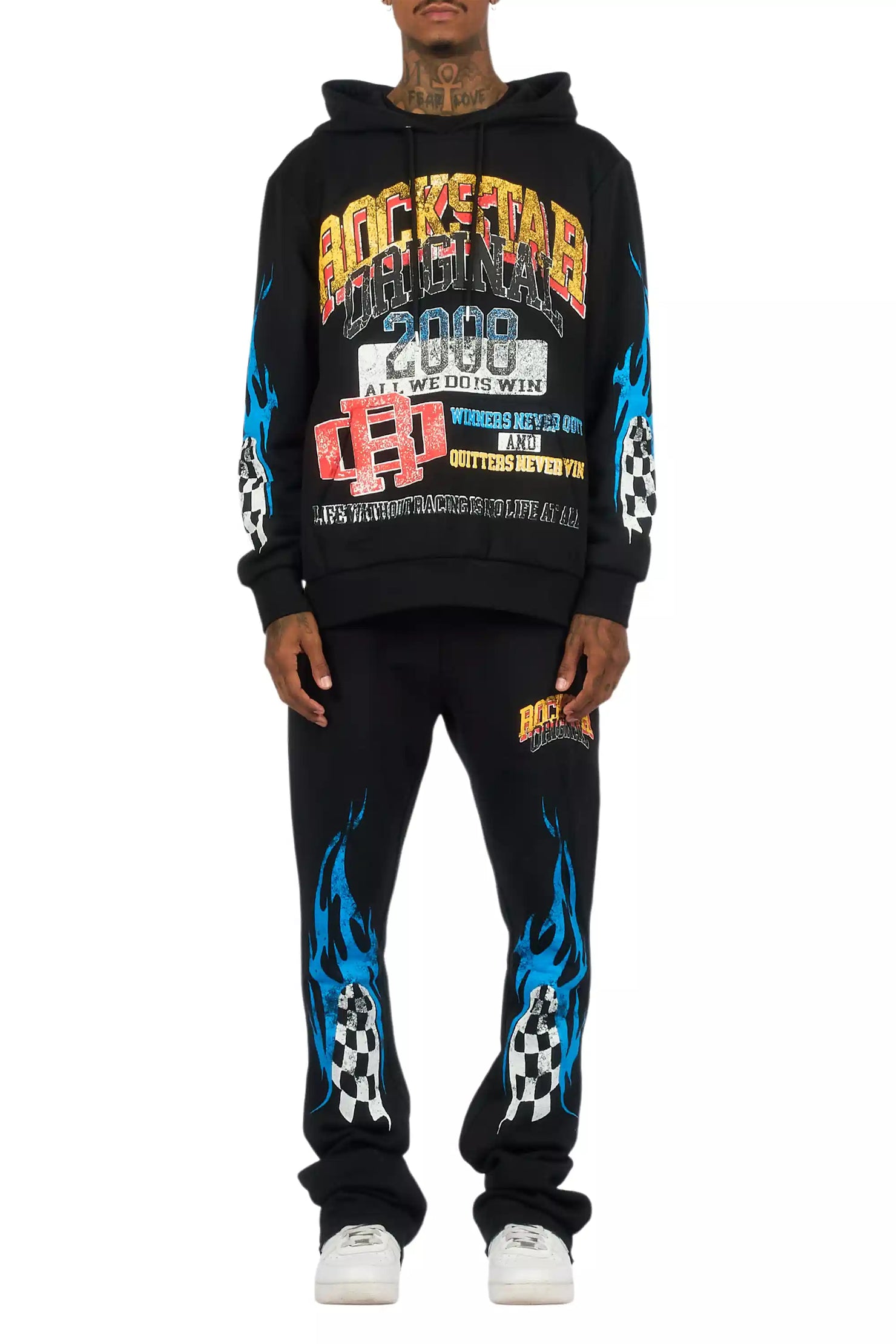 Colorful Race Black Hoodie Stacked Track Set