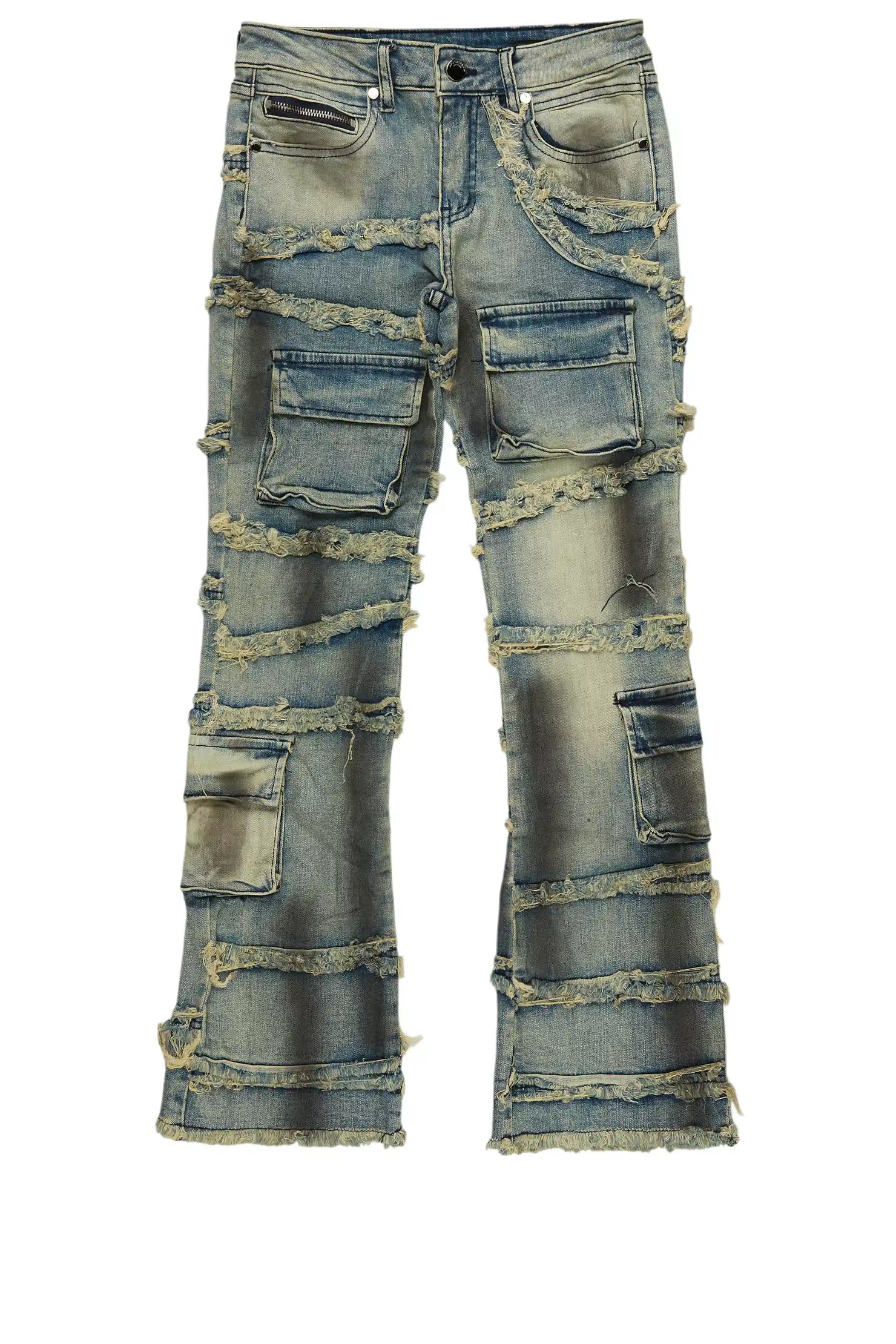 Boys Yves Blue Ripped Stacked Flare Cargo Jeans