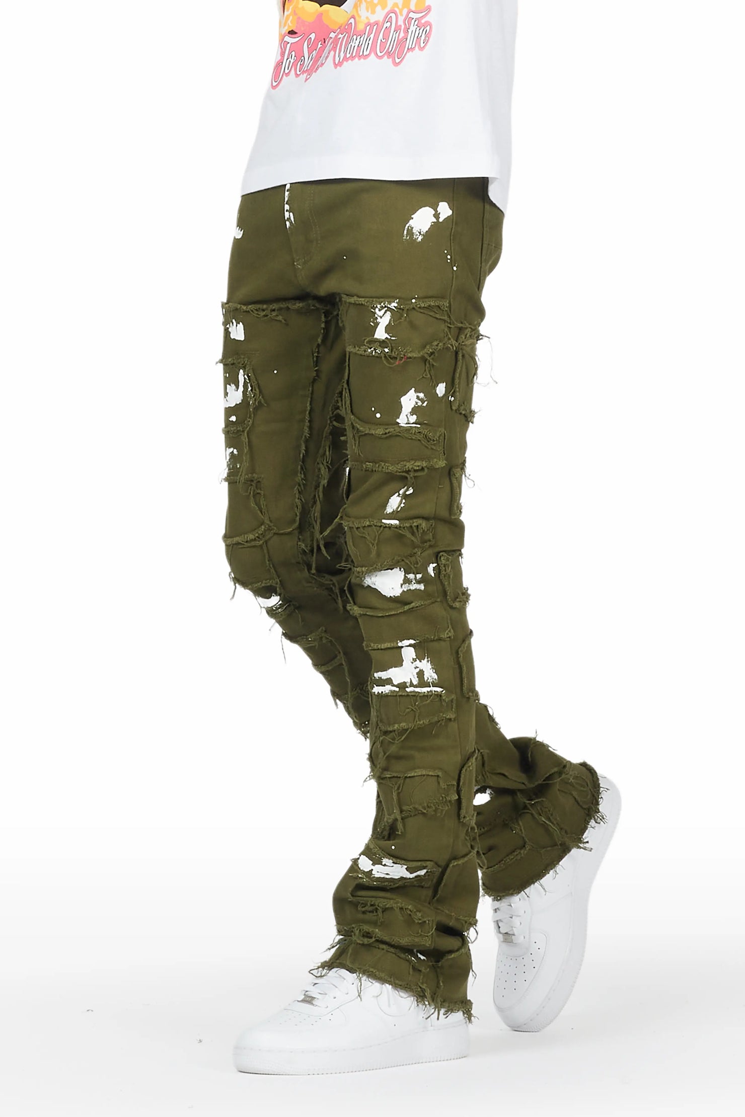 Yakez Green Painter Stacked Flare Jean