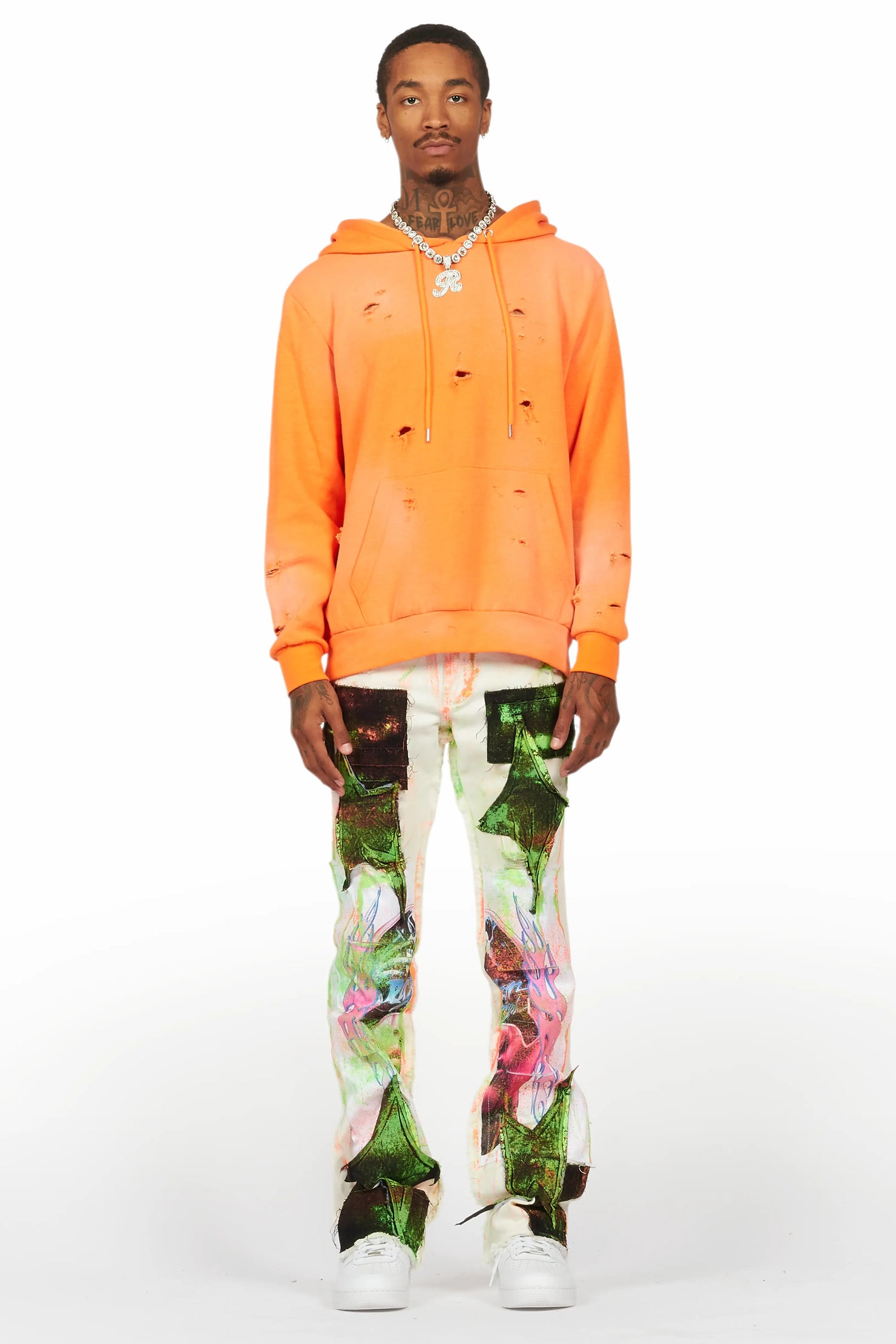 Helki Beige/Green Roller Paint Stacked Flare Jean