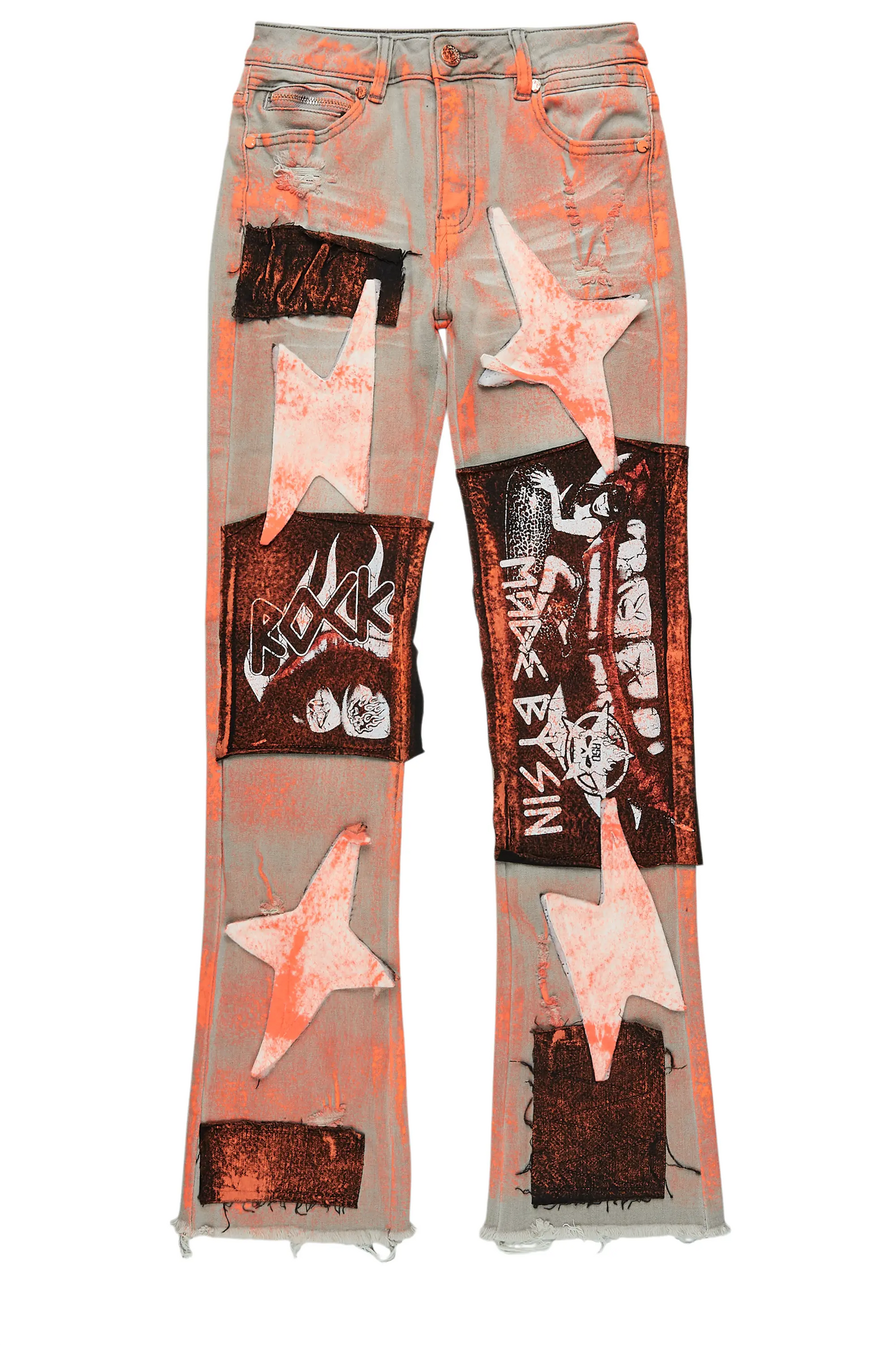 Boys Valko Grey/Orange Roller Paint Stacked Flare Jean