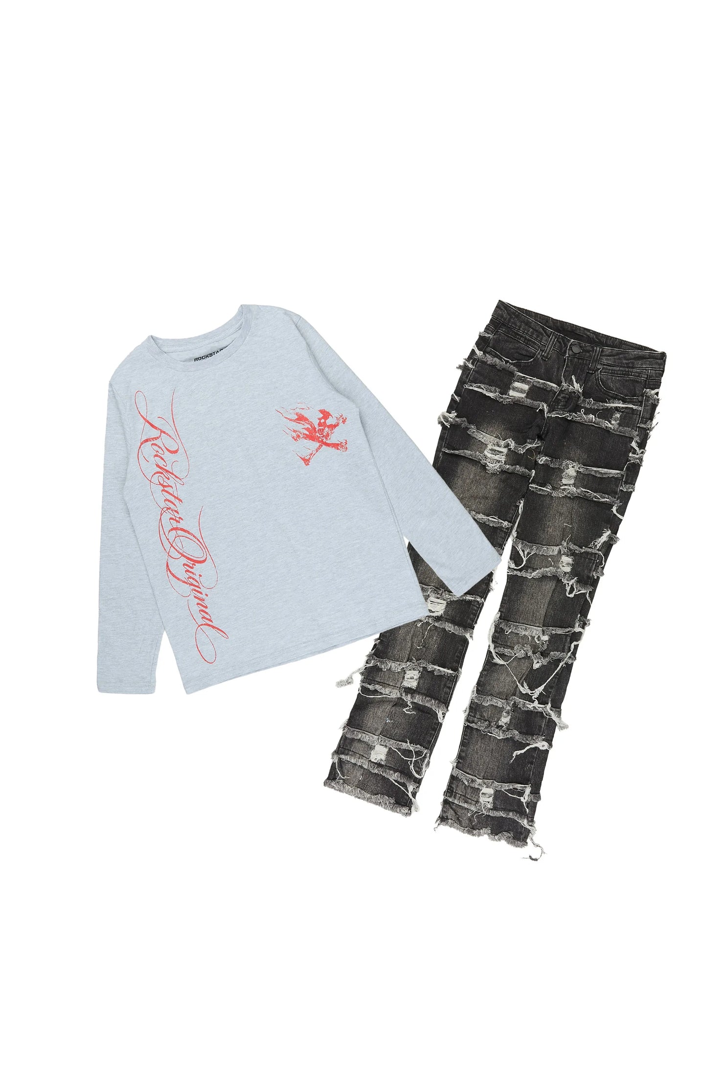 Boys Cobain Grey/Black T-Shirt Stacked Jean Set