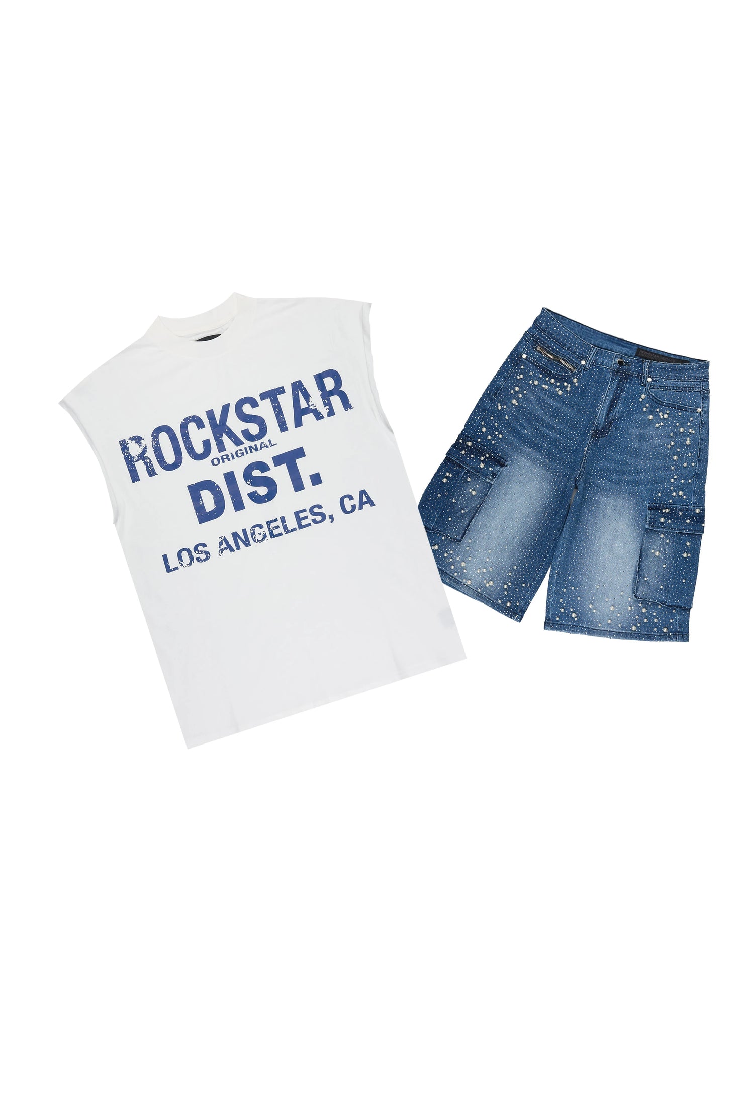 Sevyn White/Blue Rhinestone T-Shirt Denim Short Set
