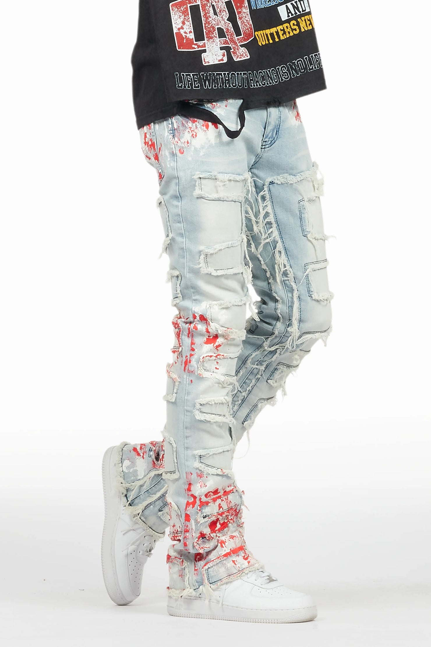 Kodak Blue/Red Painter Stacked Flare Fringe Jean