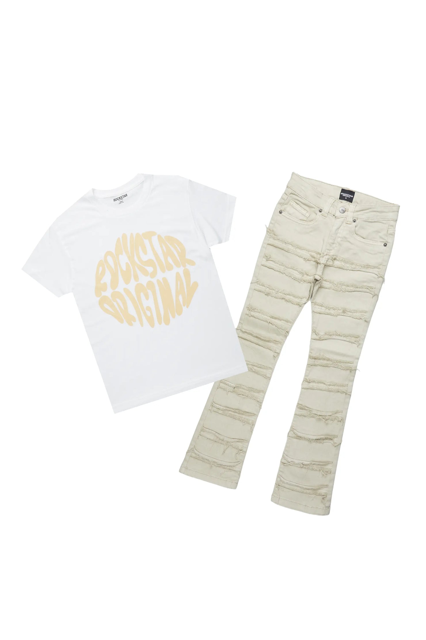 Boys Qabil White T-Shirt/Frayed Skinny Stacked Flare Jean Set