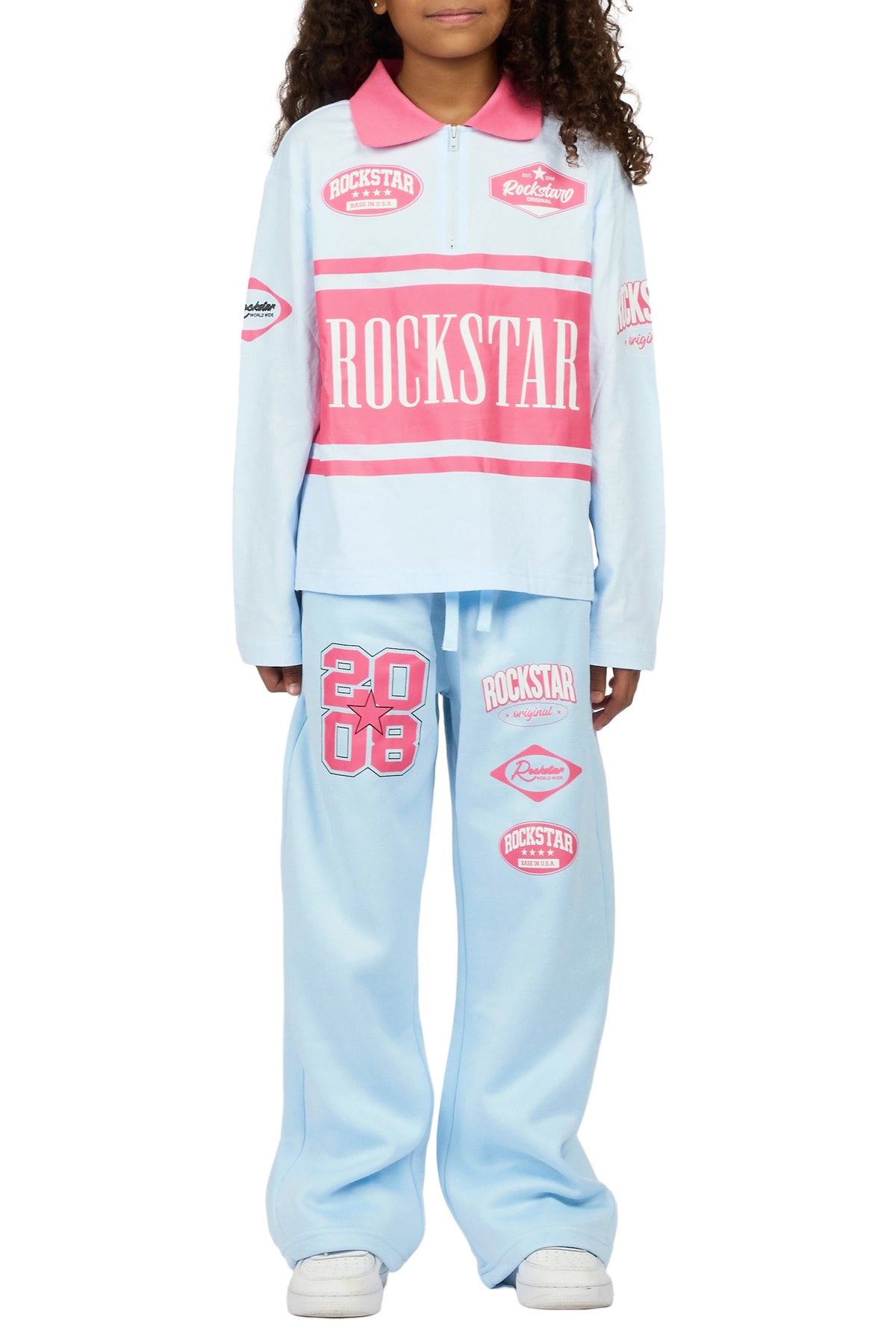 Girls Versenya Light Blue/Hot Pink Long Sleeve Polo Track Set
