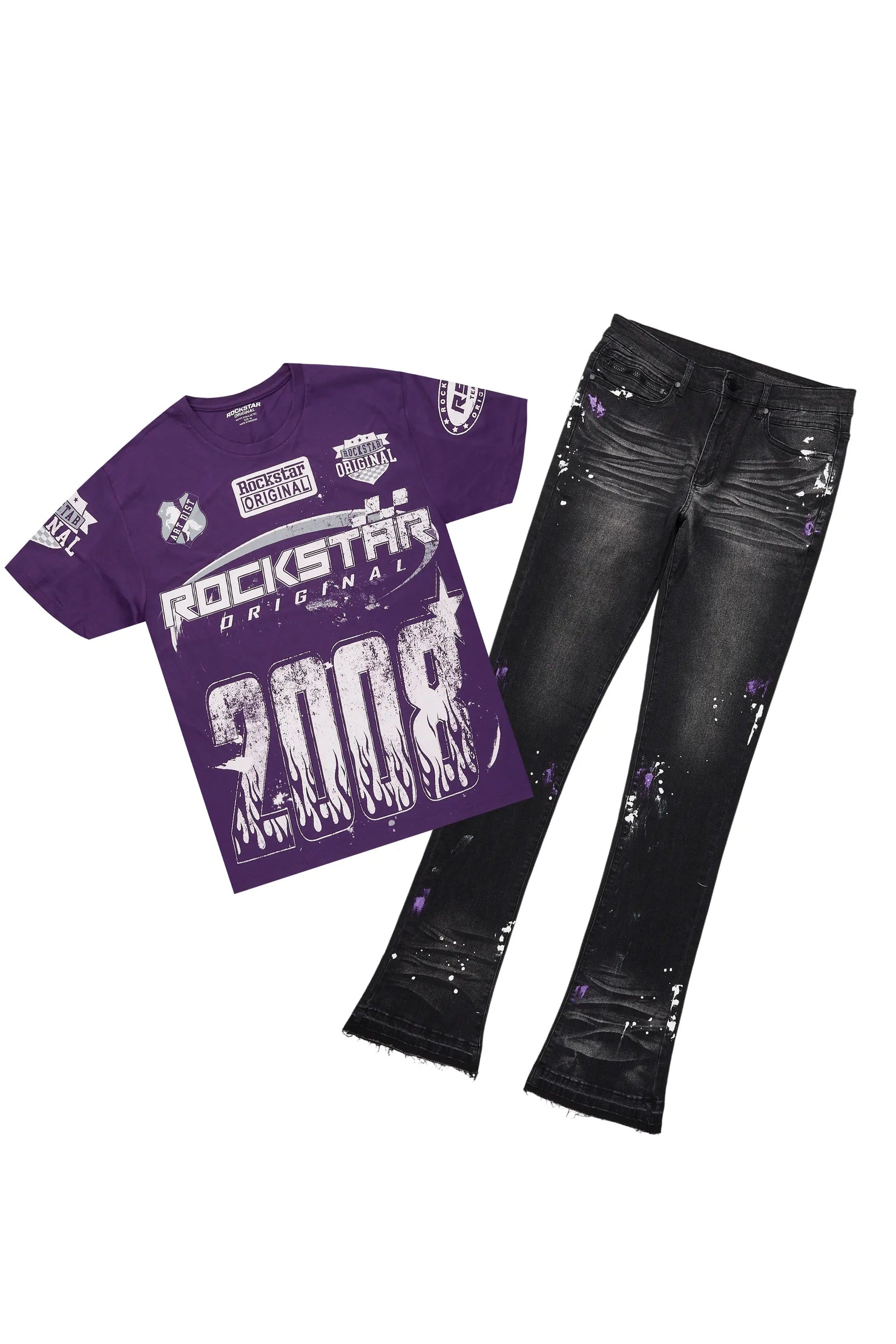 Amos Purple Graphic T-Shirt & Dag Dark Grey Jean Bundle