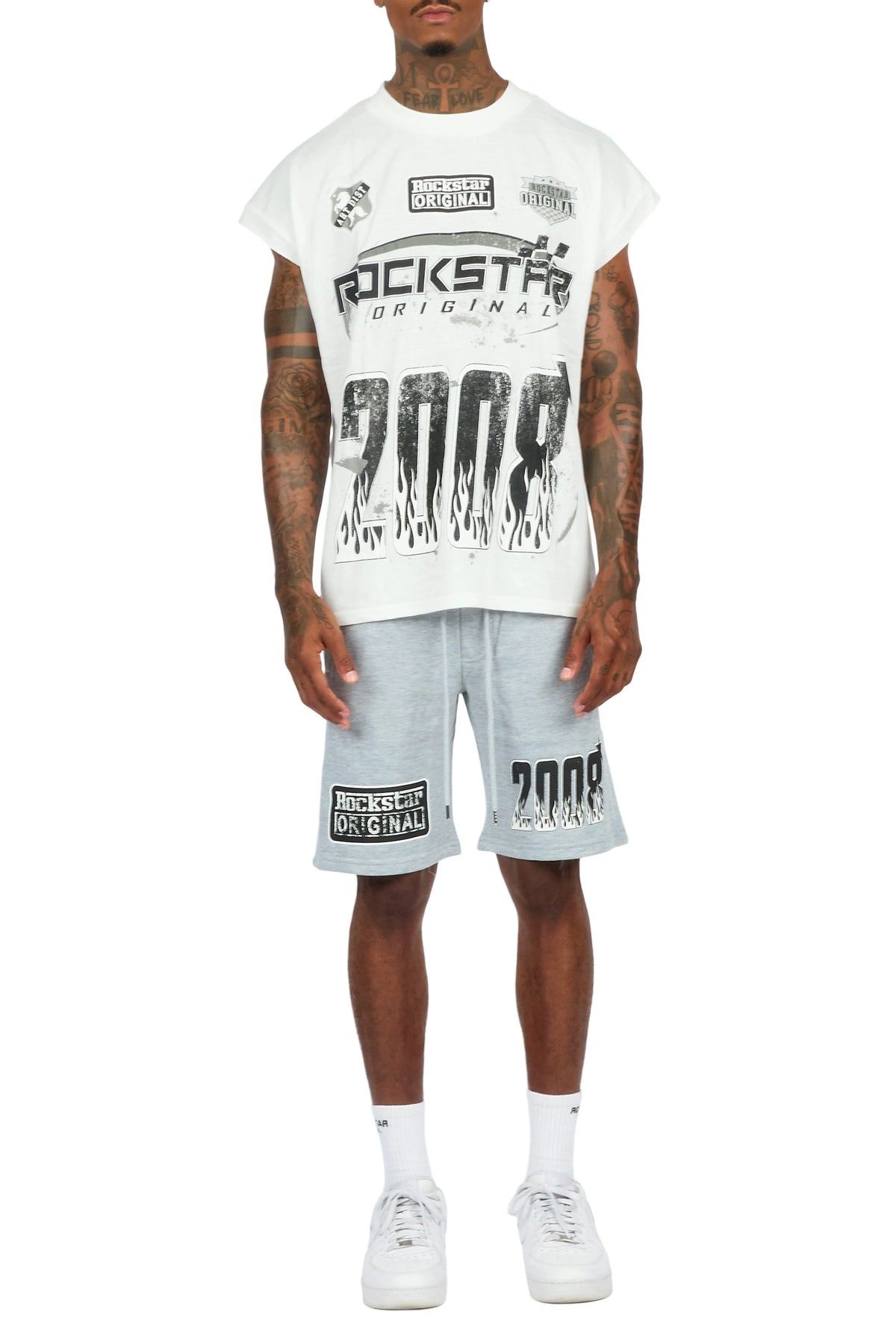 Amos White/Grey Graphic  Cut Sleeve T-Shirt Short Set