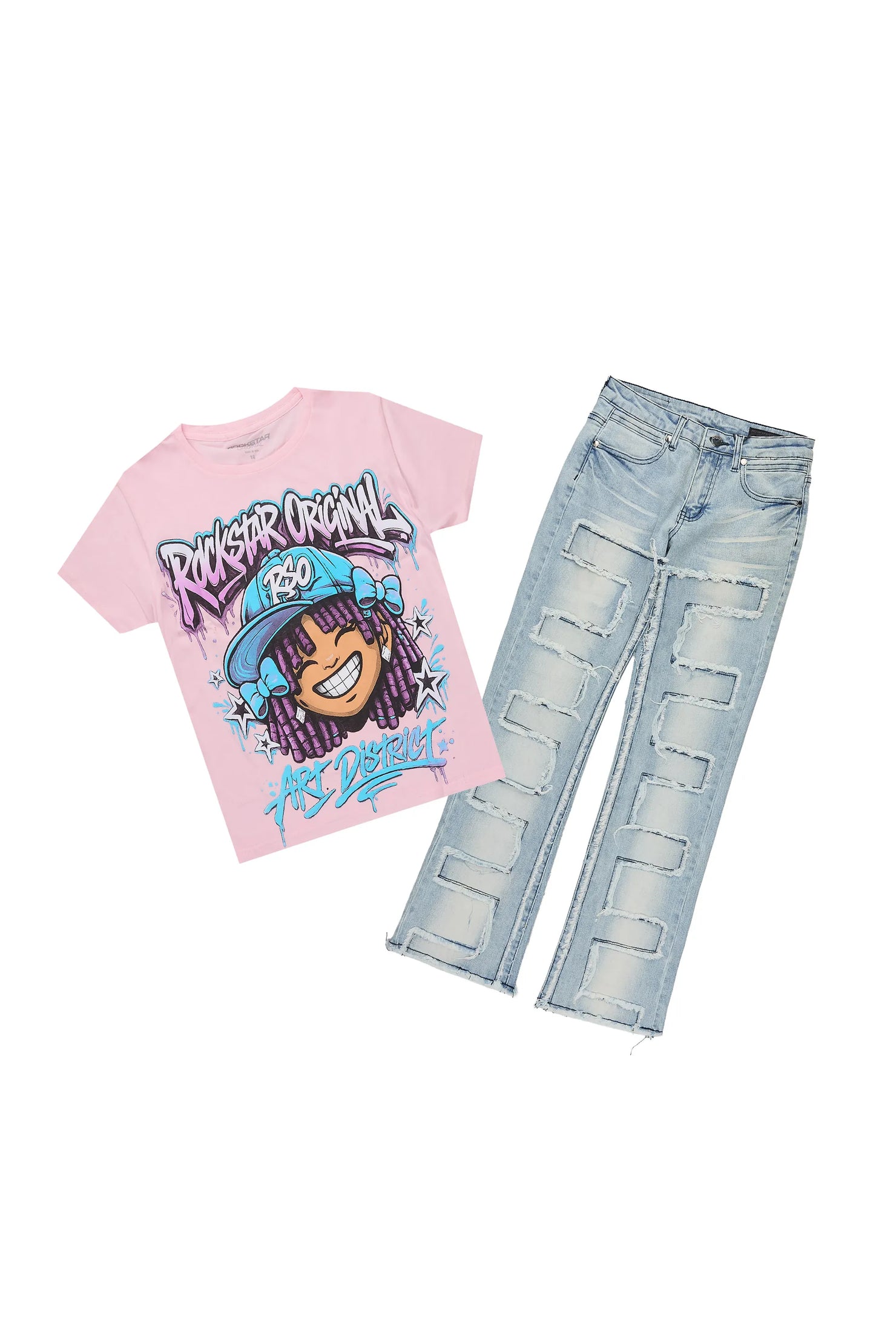 Girls Aze Pink/Light Wash T-Shirt Stacked Frayed Jean Set