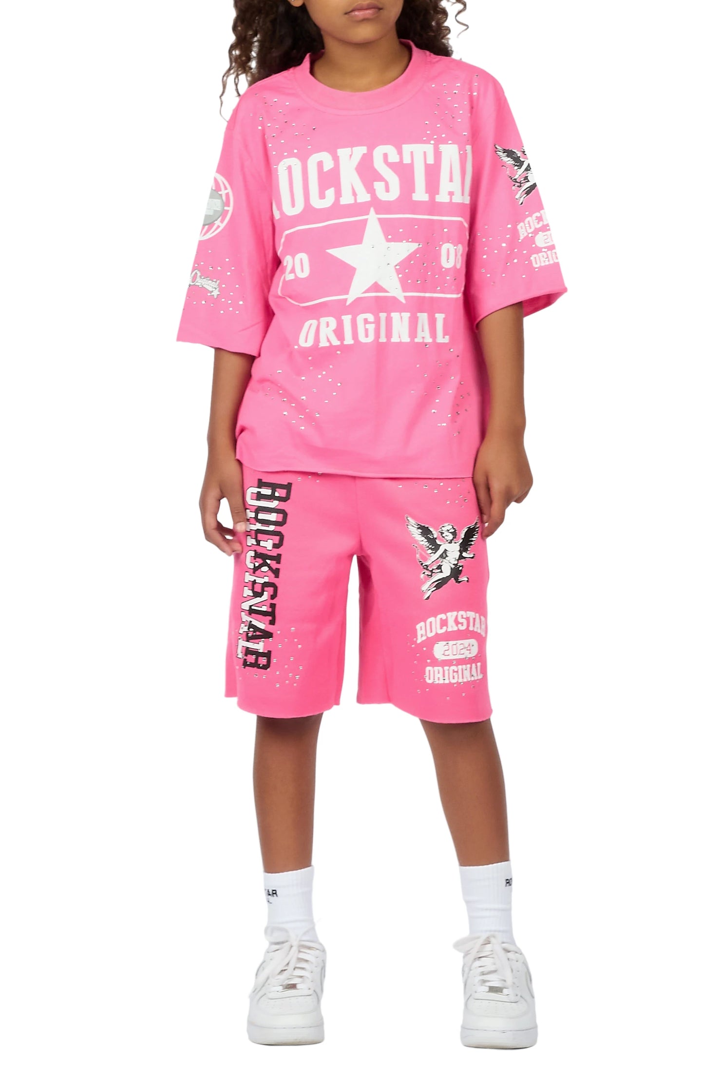 Girls Kyesha Hot Pink Rhinestone Boxy T-Shirt Short Set