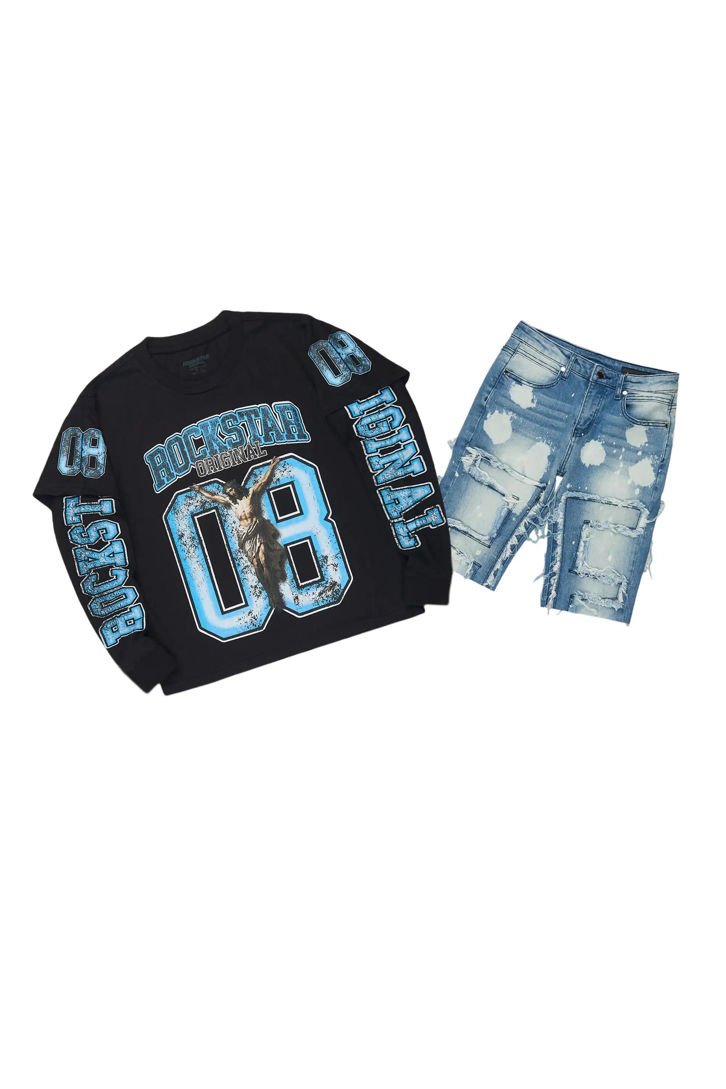 Boys Fieban Black/Blue Double Layer T-Shirt/Denim Short Set