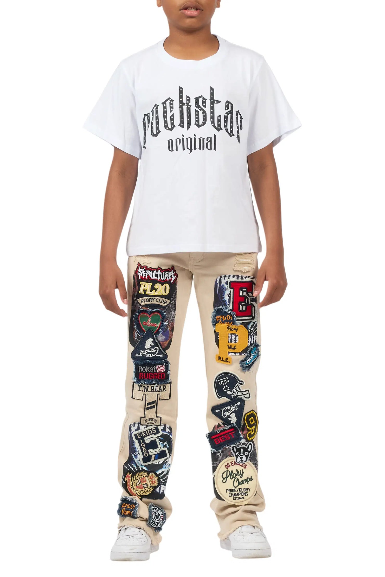 Boys Espen Beige Stacked Flare Jean