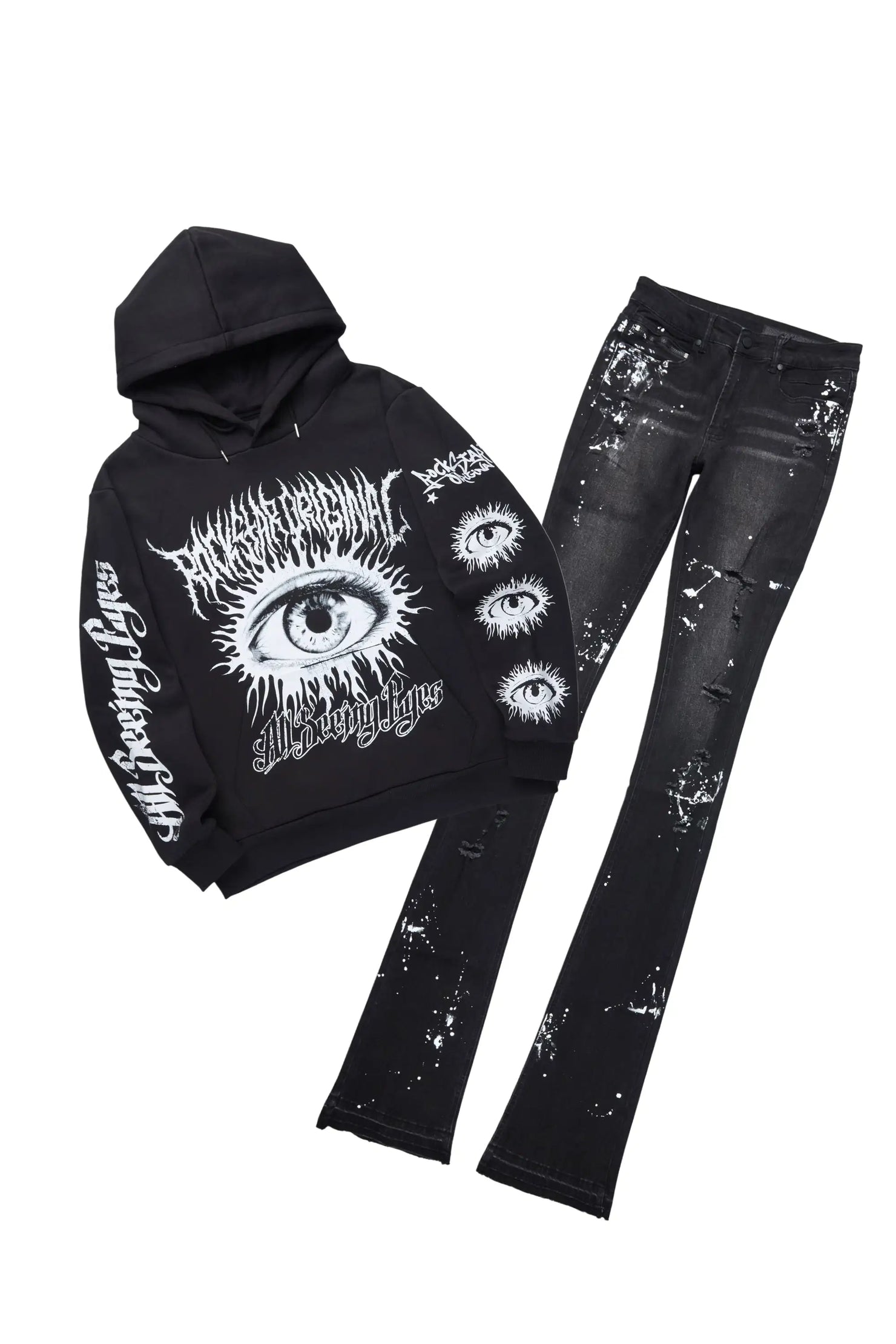 All Seeing Eyes Black/Black Hoodie/Super Stacked Flare Jean Set