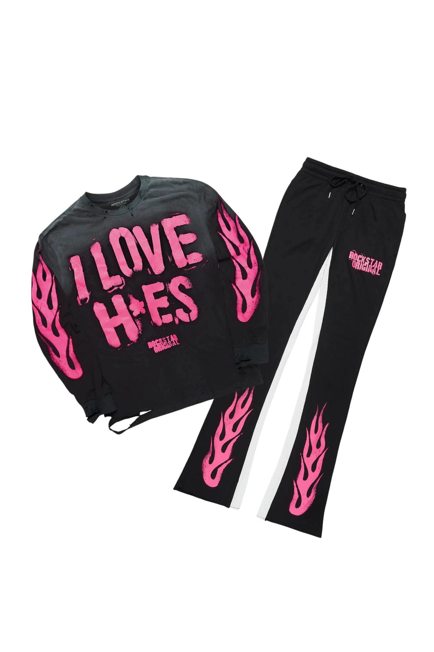 Banyan Black/Pink Long Sleeve T-Shirt/Stacked Baggy Track Pant Set