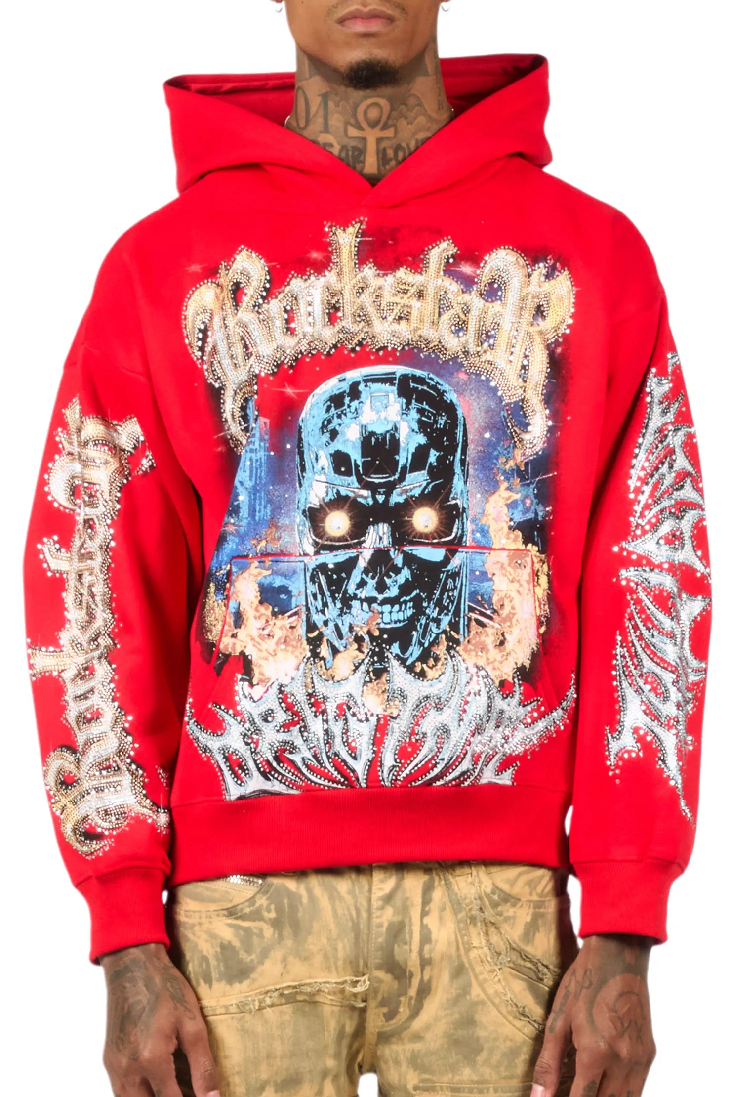 Mesin Red Rhinestone Oversized Hoodie