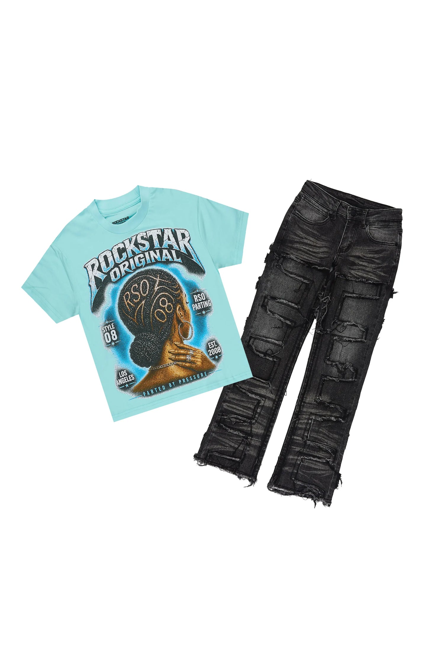 Girls Arkel Light Blue/Black T-Shirt Stacked Jean Set