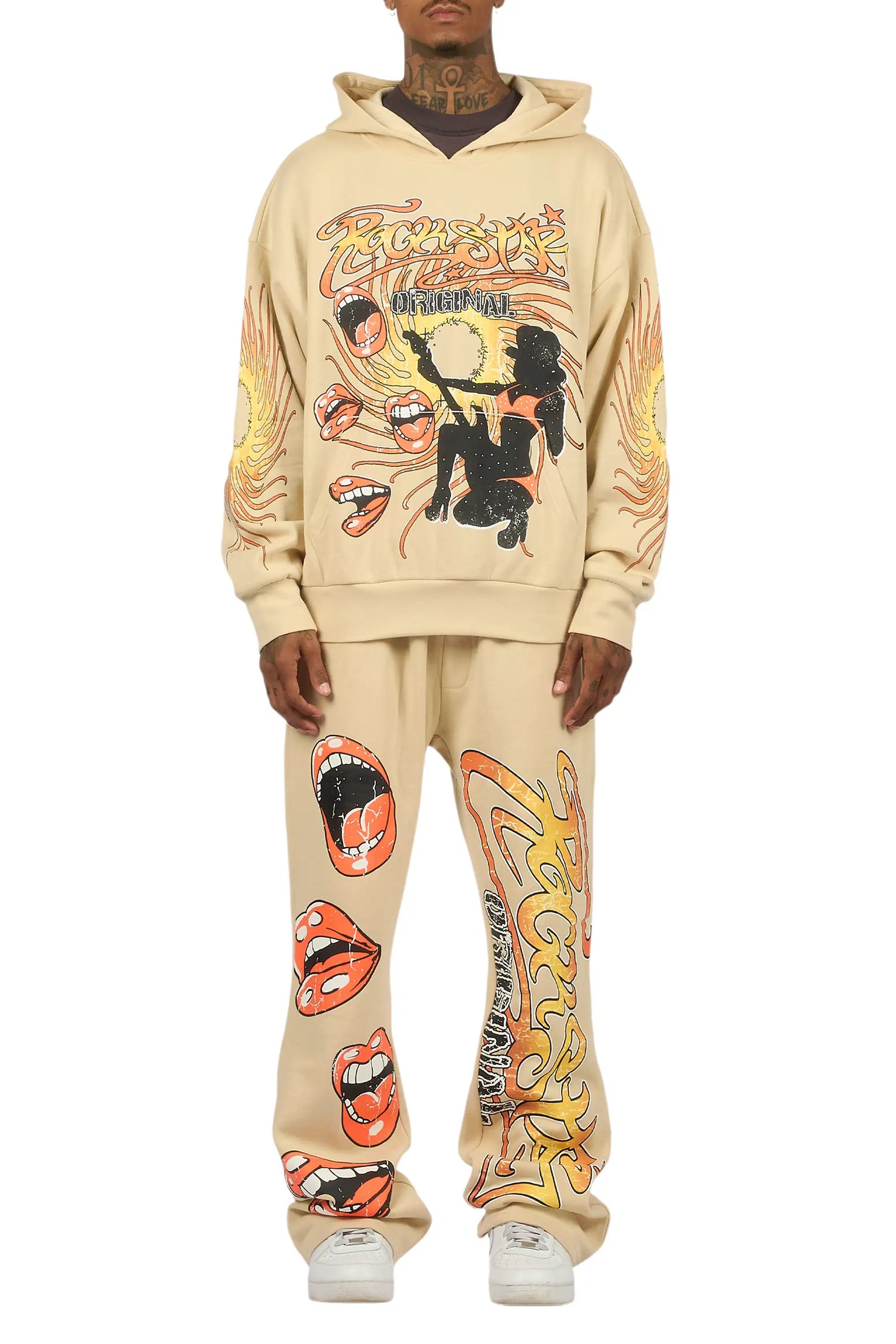 Rock n Roll  Beige Hoodie/Baggy Pant Track Set