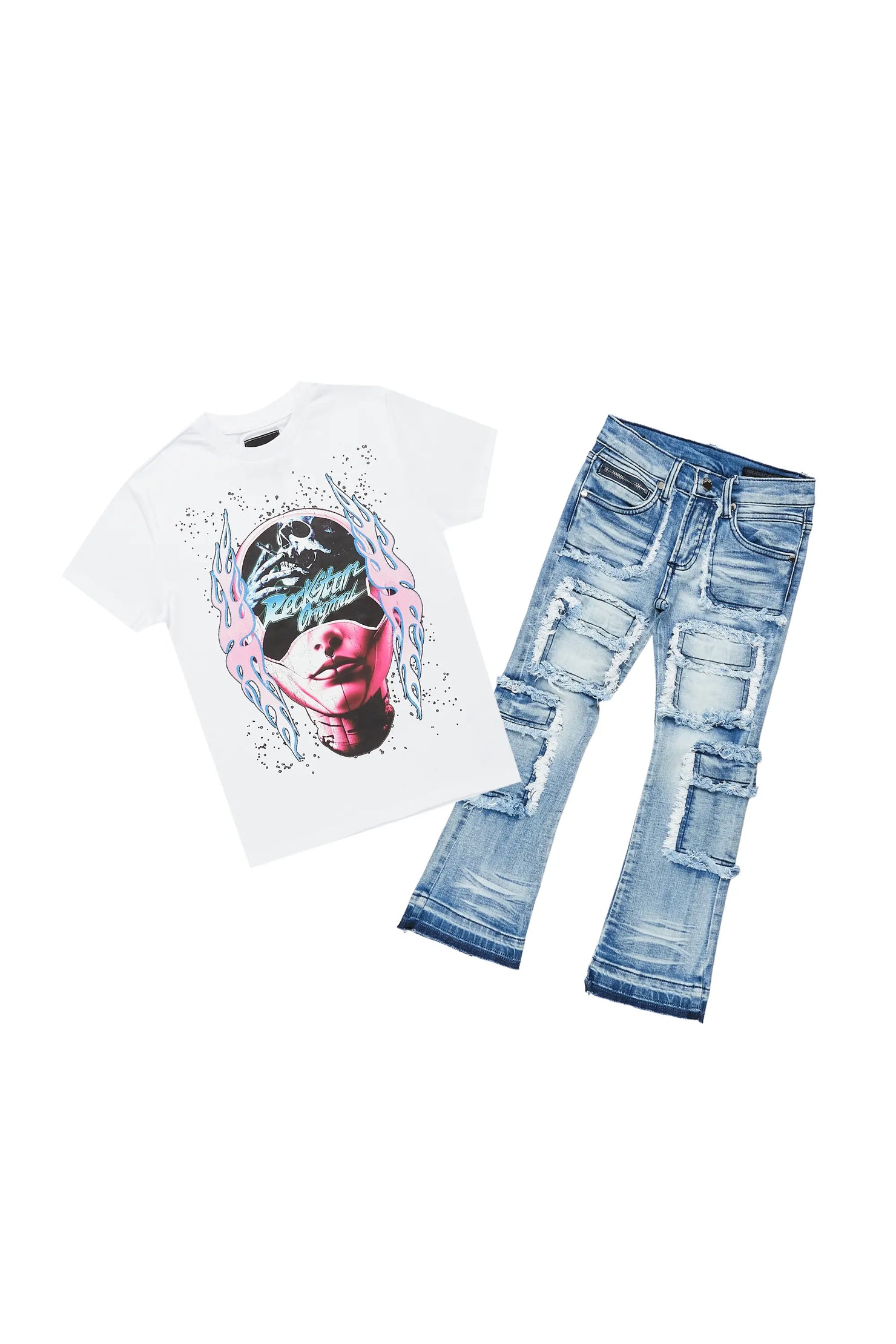 Girls Medora White/Blue T-Shirt Stacked Flare Jean Set