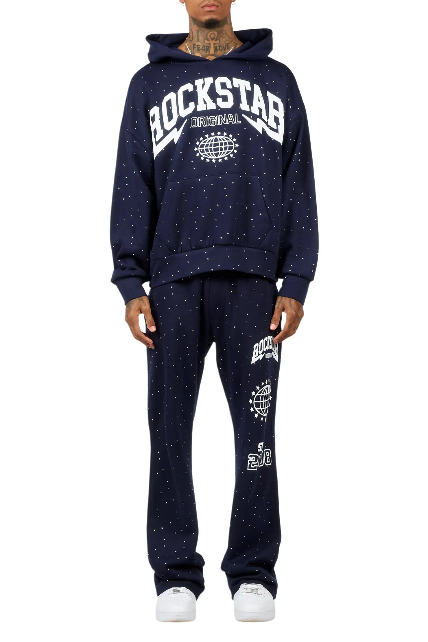 Stori Navy/White Rhinestone Hoodie Relaxed Track Set