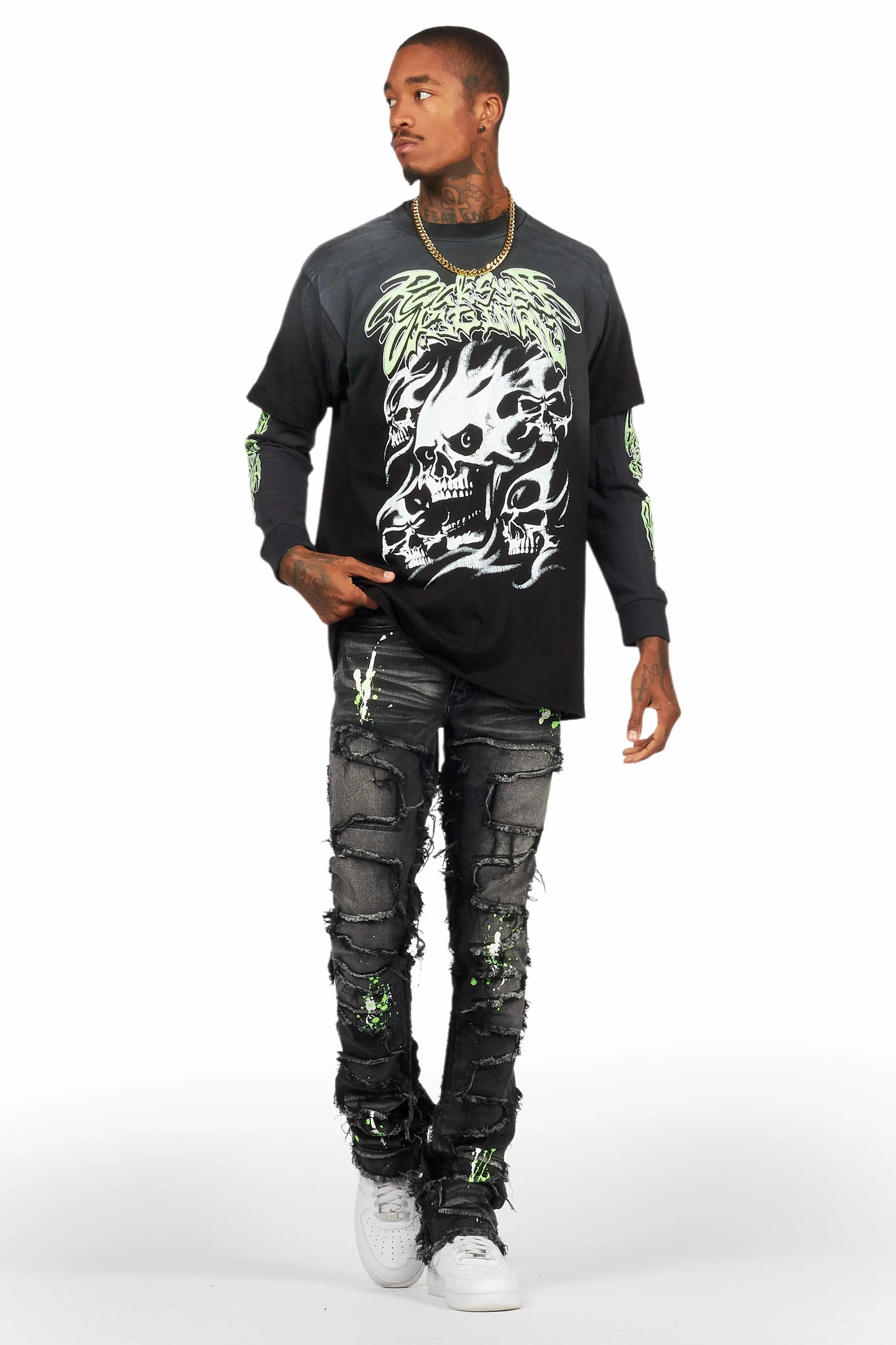 Schtupp Black Double Layer T-Shirt/Stacked Flare Jean Bundle