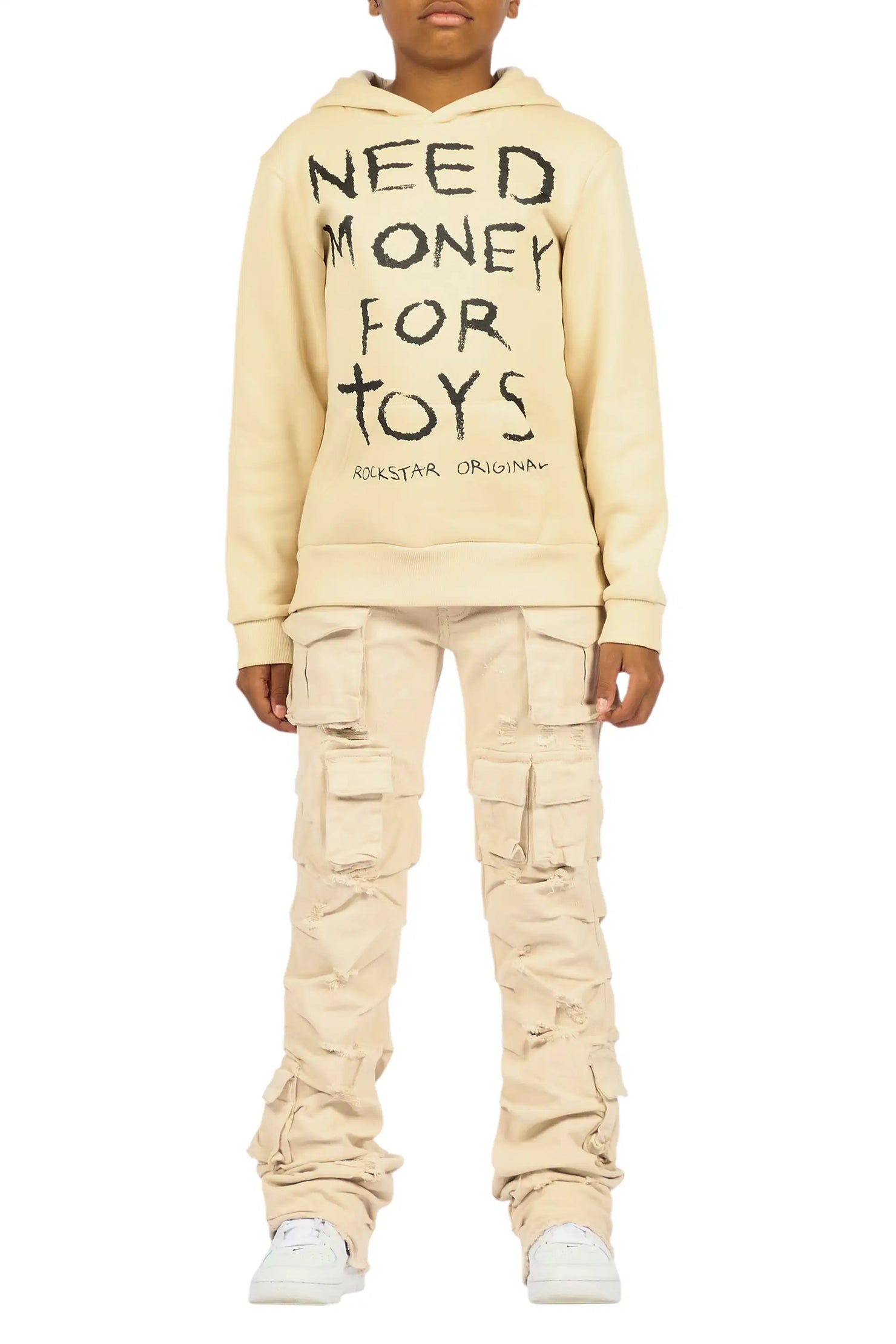 Boys M4 Toys Beige Hoodie/Stacked Jean Set