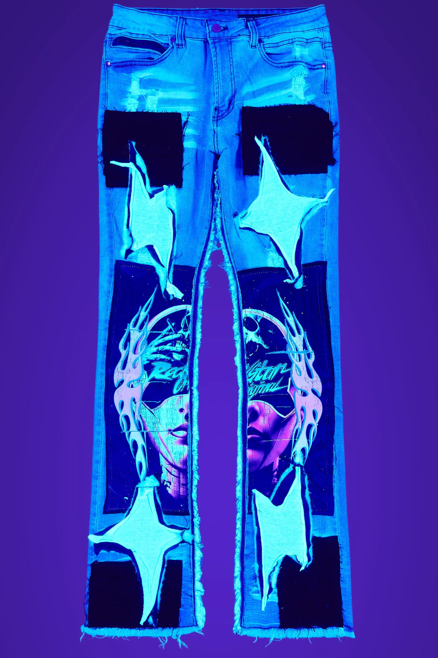 Helios Blue Patchwork Stacked Flare Jean