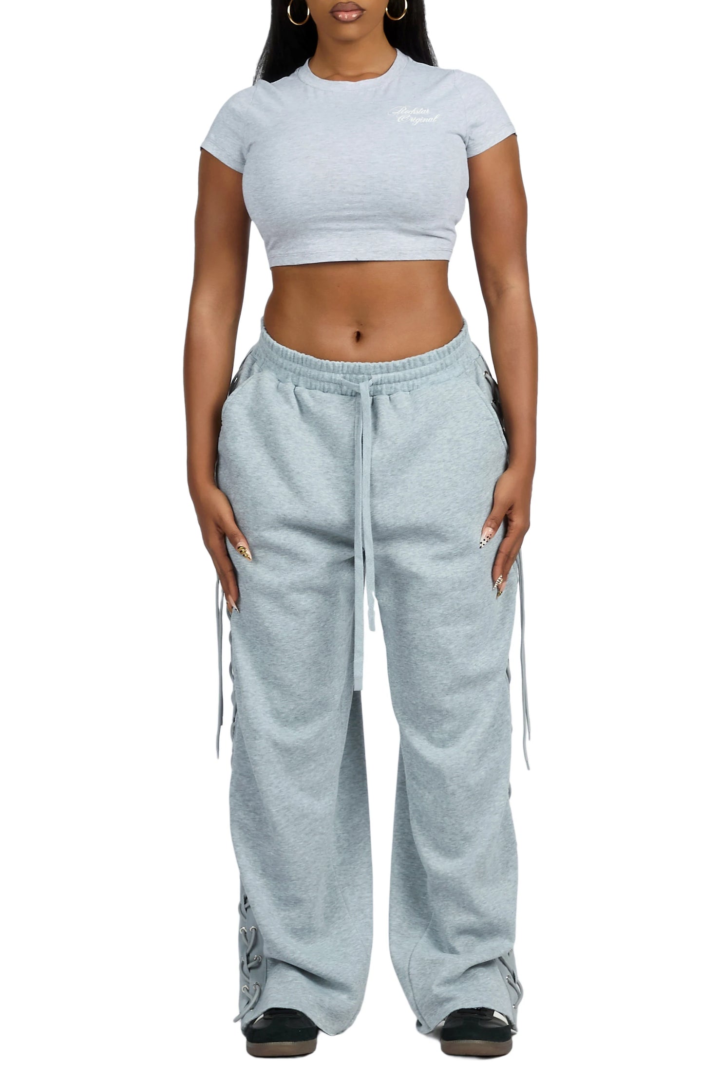 Desire Grey Lace Up  Crop T-Shirt Baggy Track Set