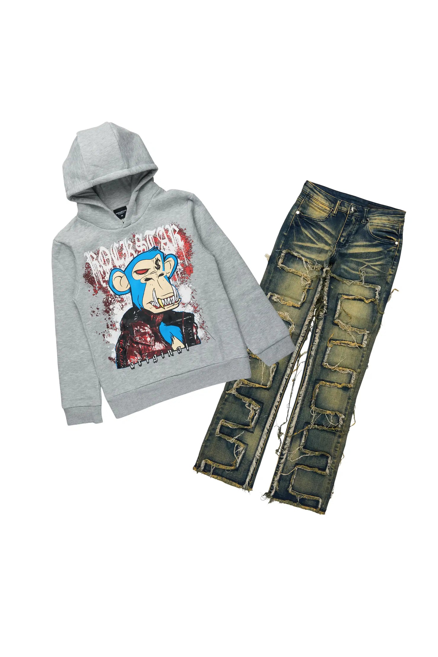 Boys Delzzon Grey Hoodie & Shake Tint Stacked Jean Set