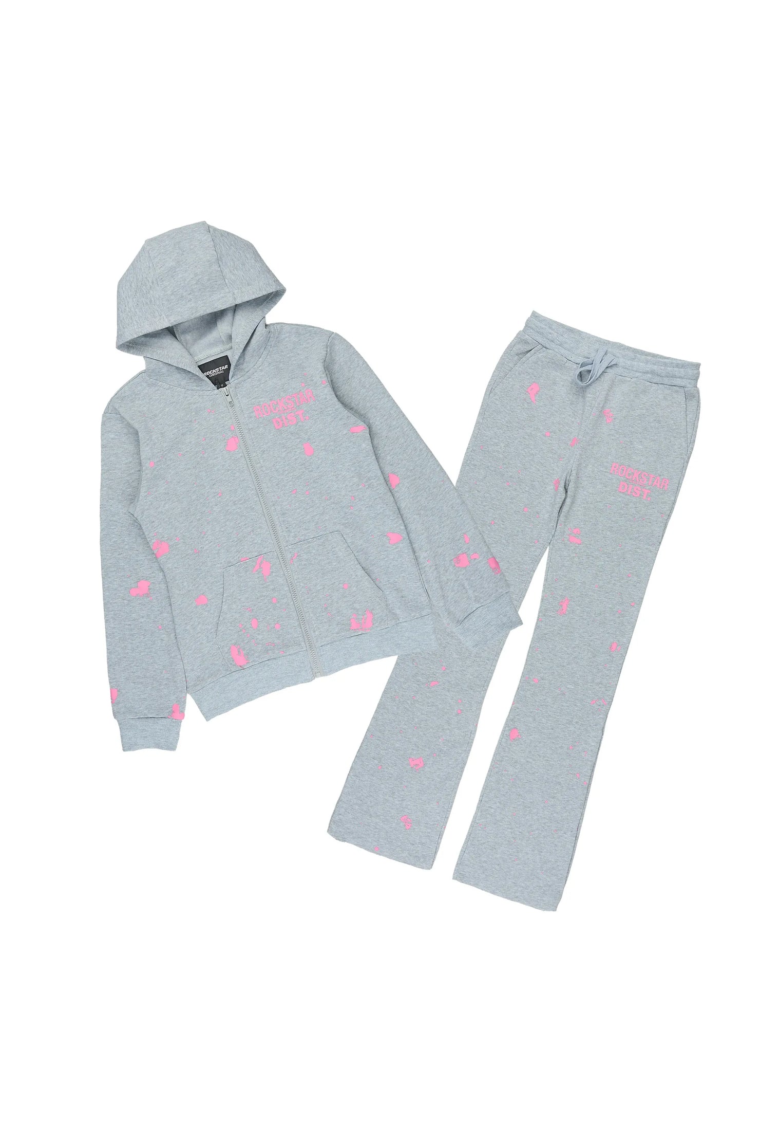 Girls Halloway Heather Grey/Pink Zip Up Stacked Flare Track Set