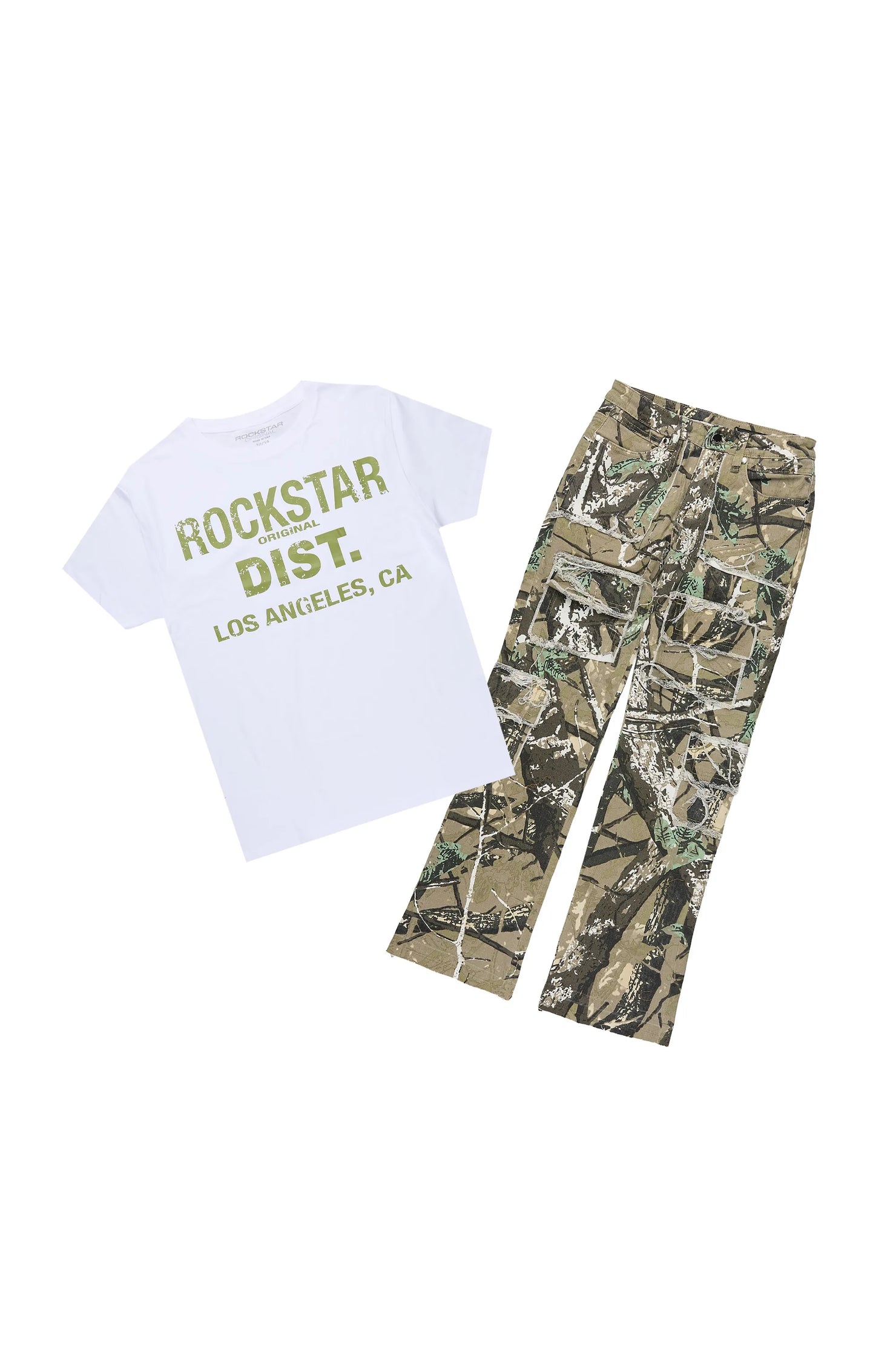 Boys Koen 2.0 White/Camo T-Shirt Stacked Jean Set