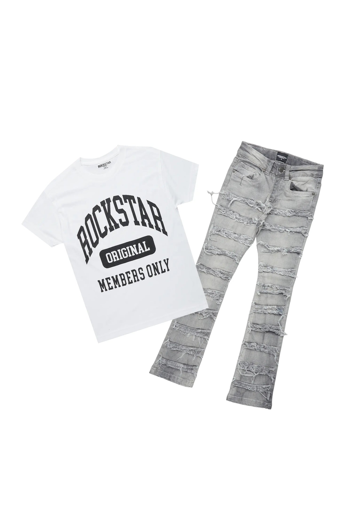 Boys Lanu White T-Shirt/Frayed Skinny Stacked Flare Jean Set
