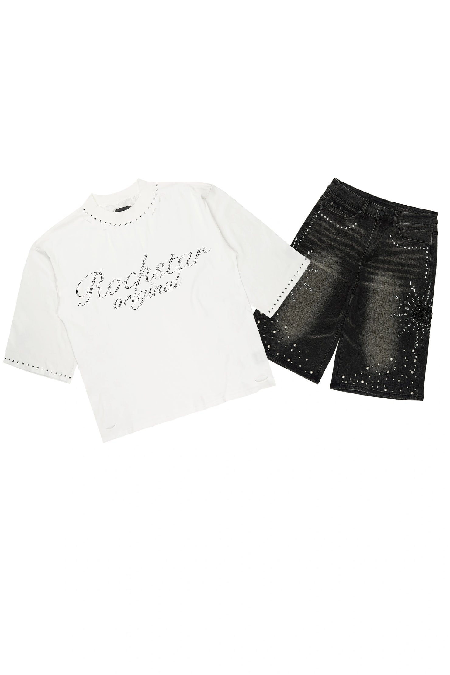 Tryst Grey Rhinestone T-Shirt Denim Jort Set