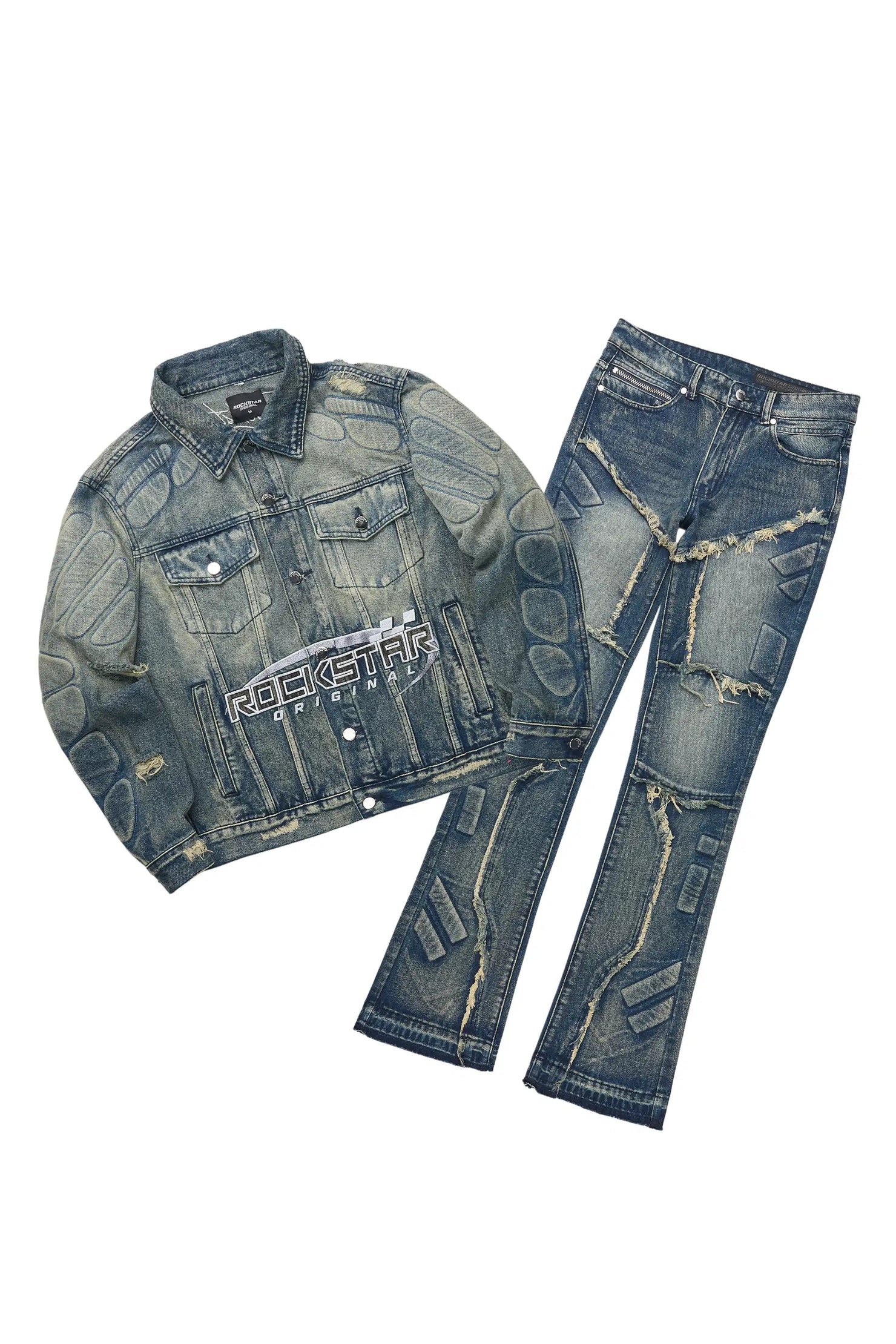 Throttle Blue Denim Jacket/Stacked Flare Jean Set
