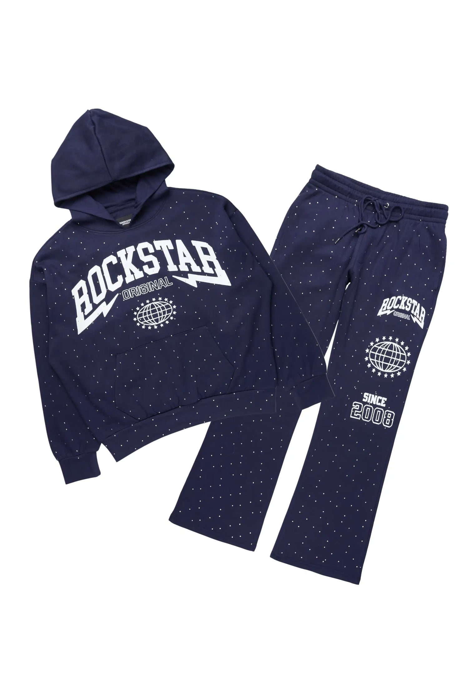 Stori Navy/White Rhinestone Hoodie Relaxed Track Set