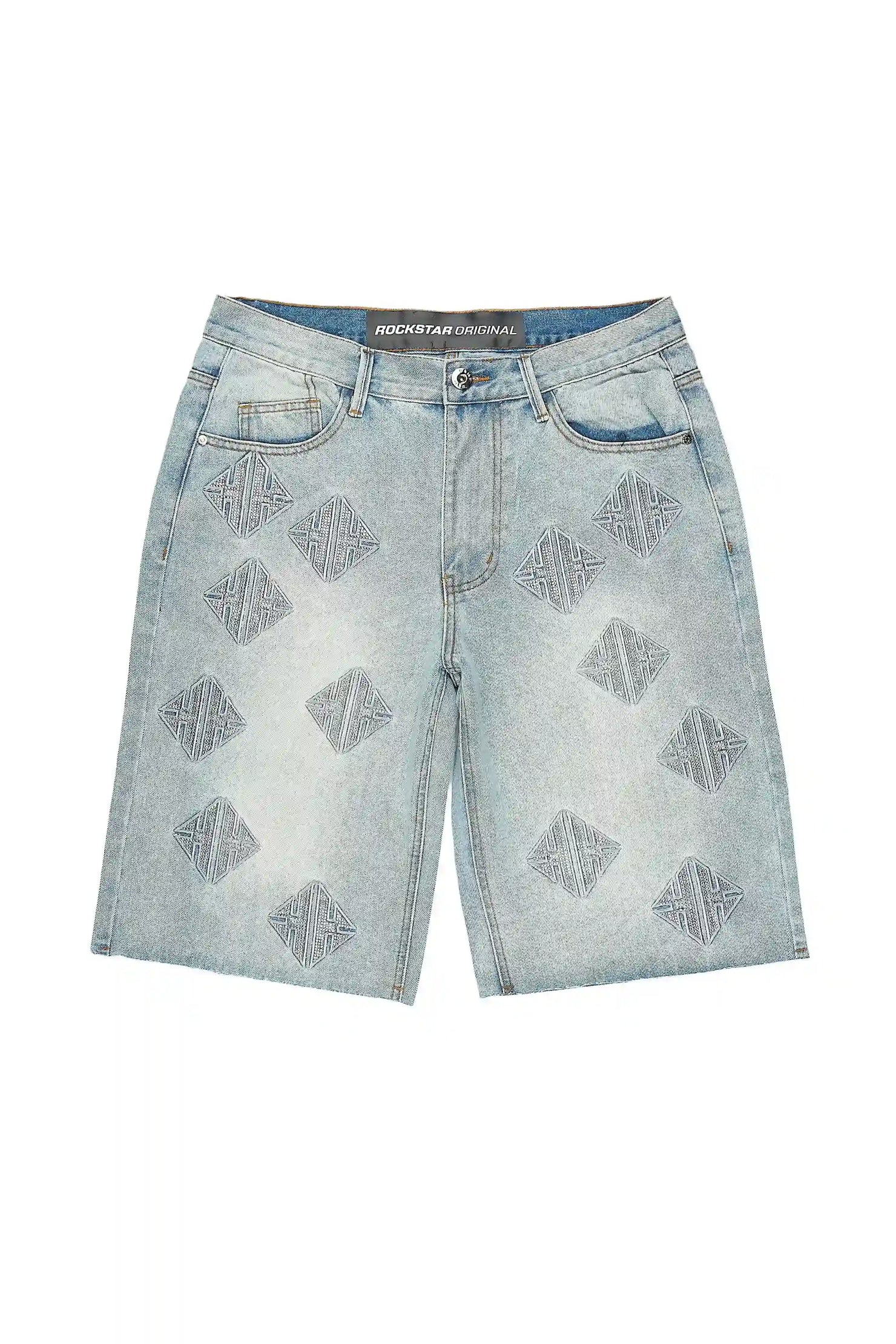 Demanuele Light Blue Rhinestones Denim Short