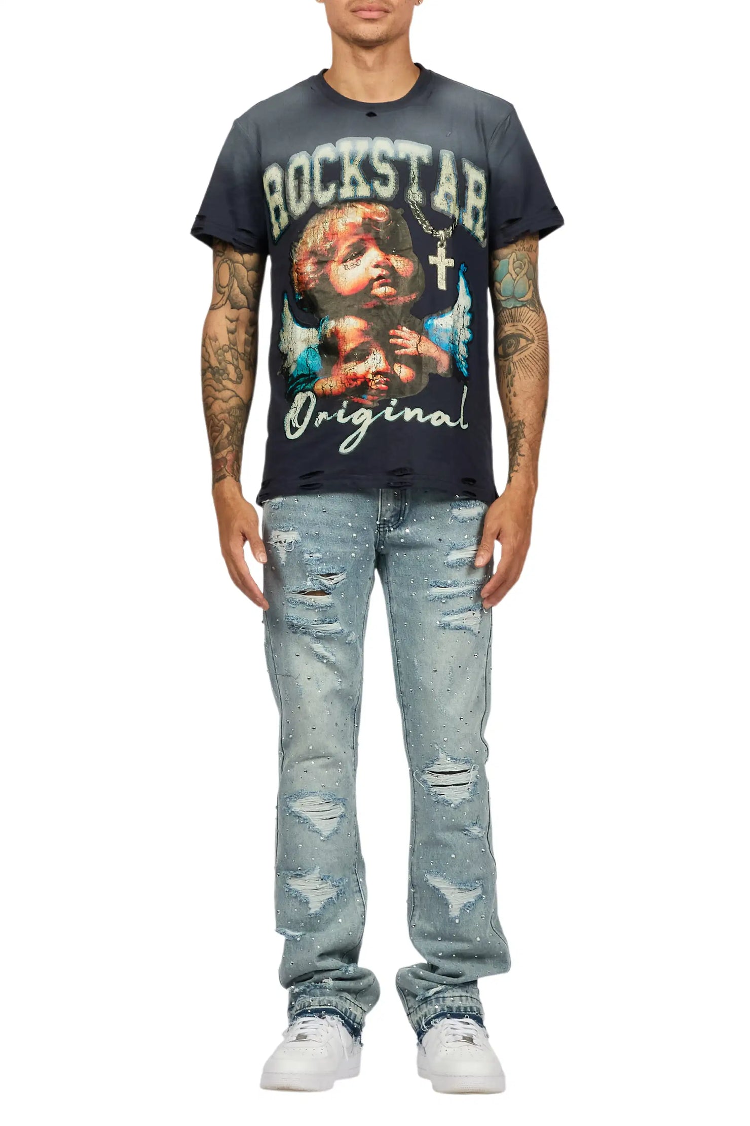 Stunt Blue Rhinestone Stacked Flare Jean