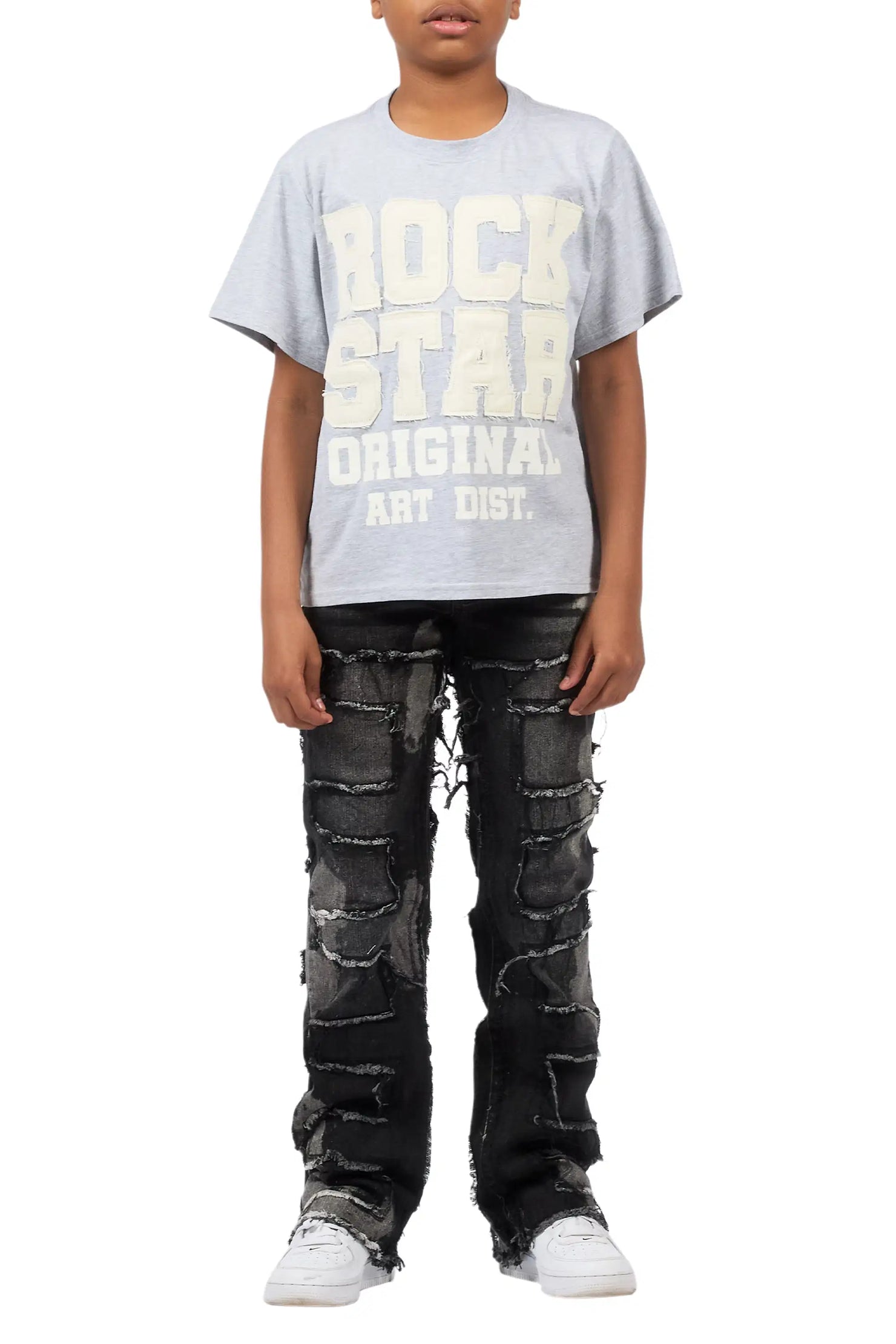 Boys Yulian Heather Grey Patch Stitched Graphic T-Shirt