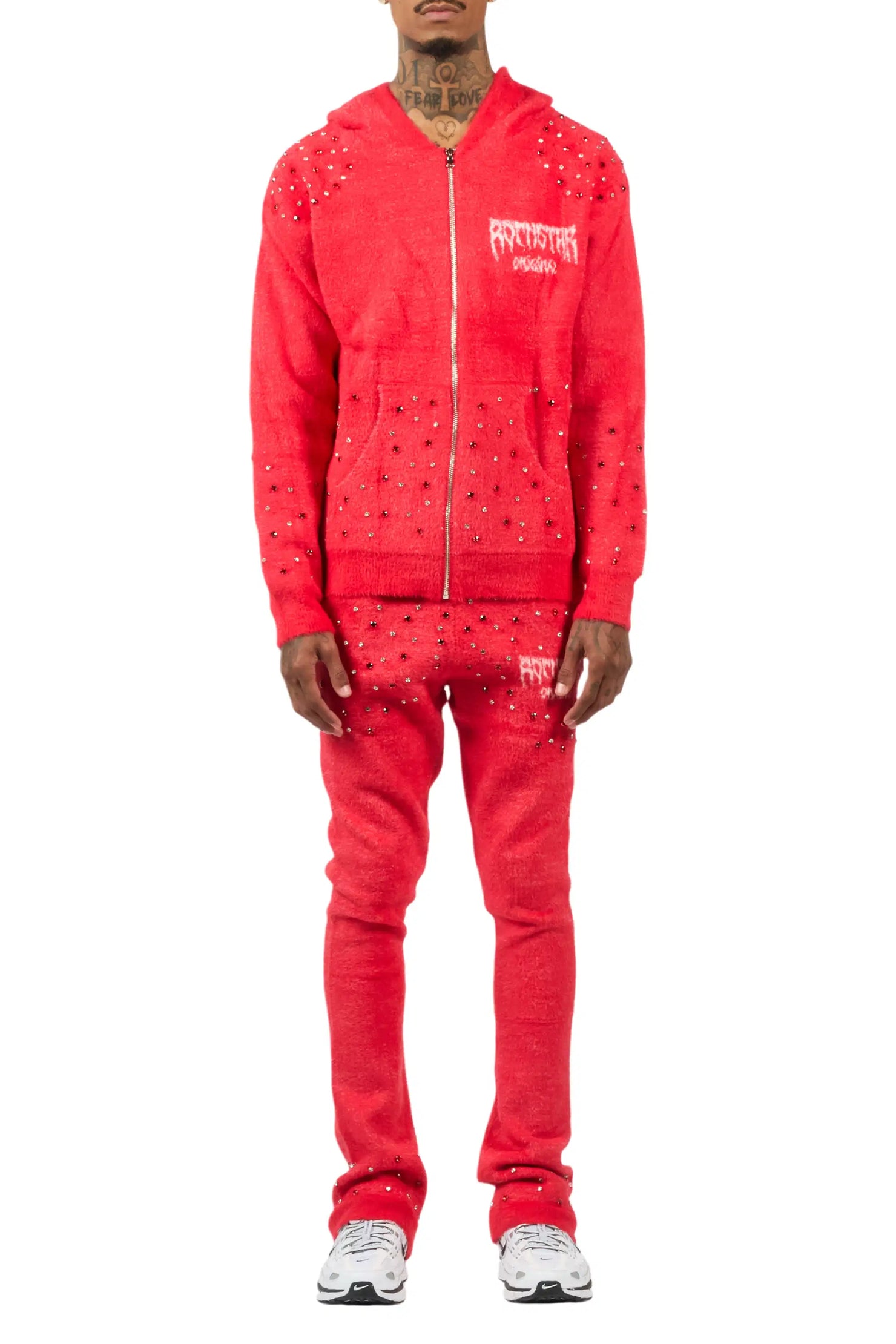 Lapiz Red Rhinestone Mohair Knit Stacked Flare Track Set