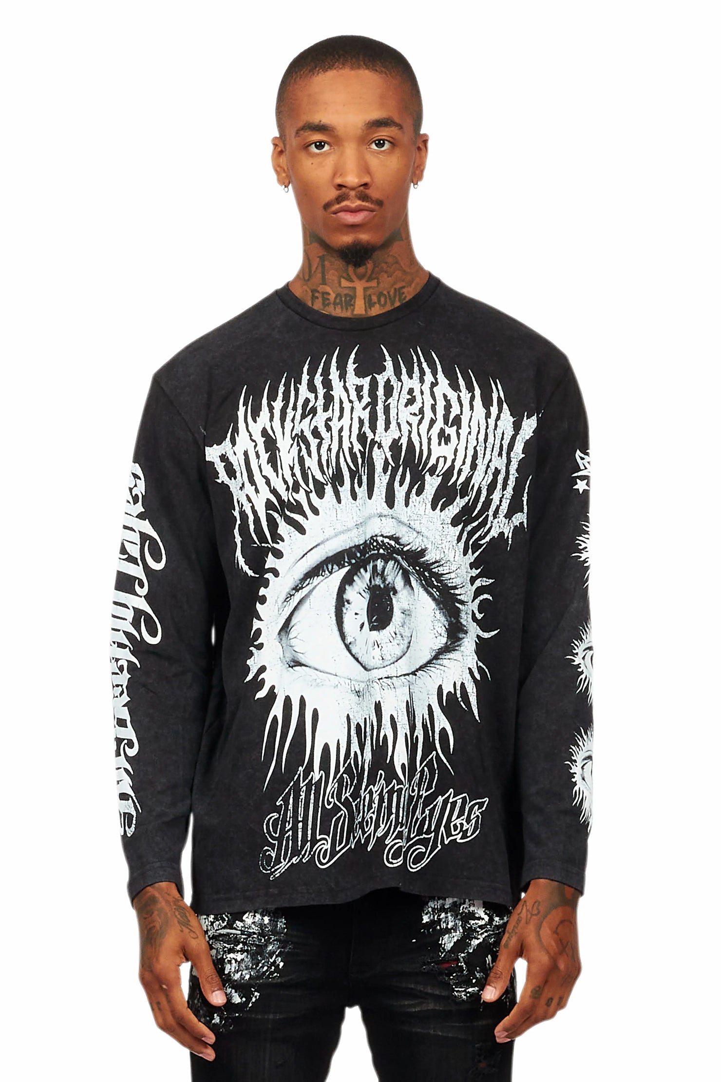 All Seeing Eyes Vintage Black Long Sleeve Graphic T-Shirt