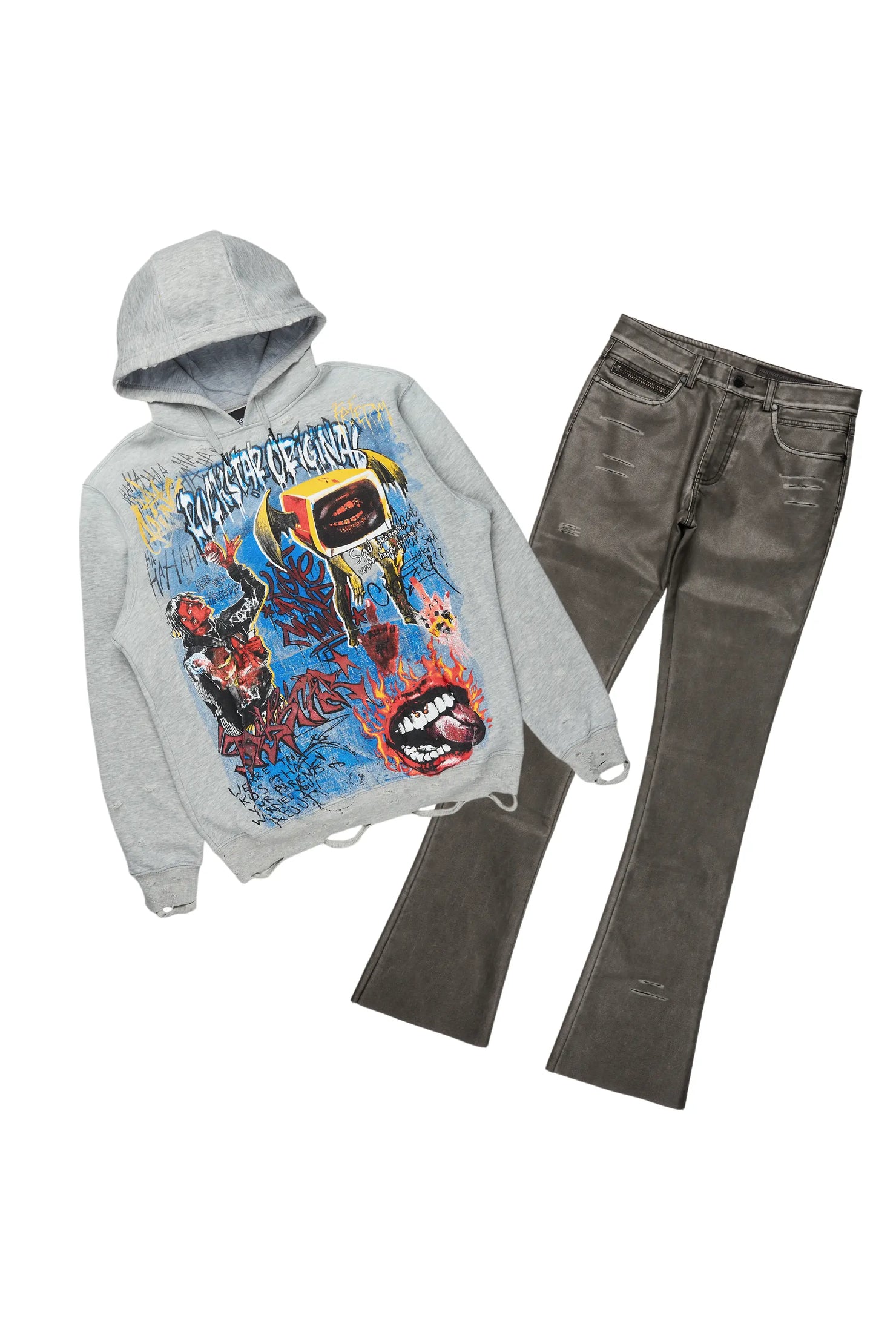 Yooz Heather Grey Hoodie & Deco Stacked Flare PU Jean Bundle