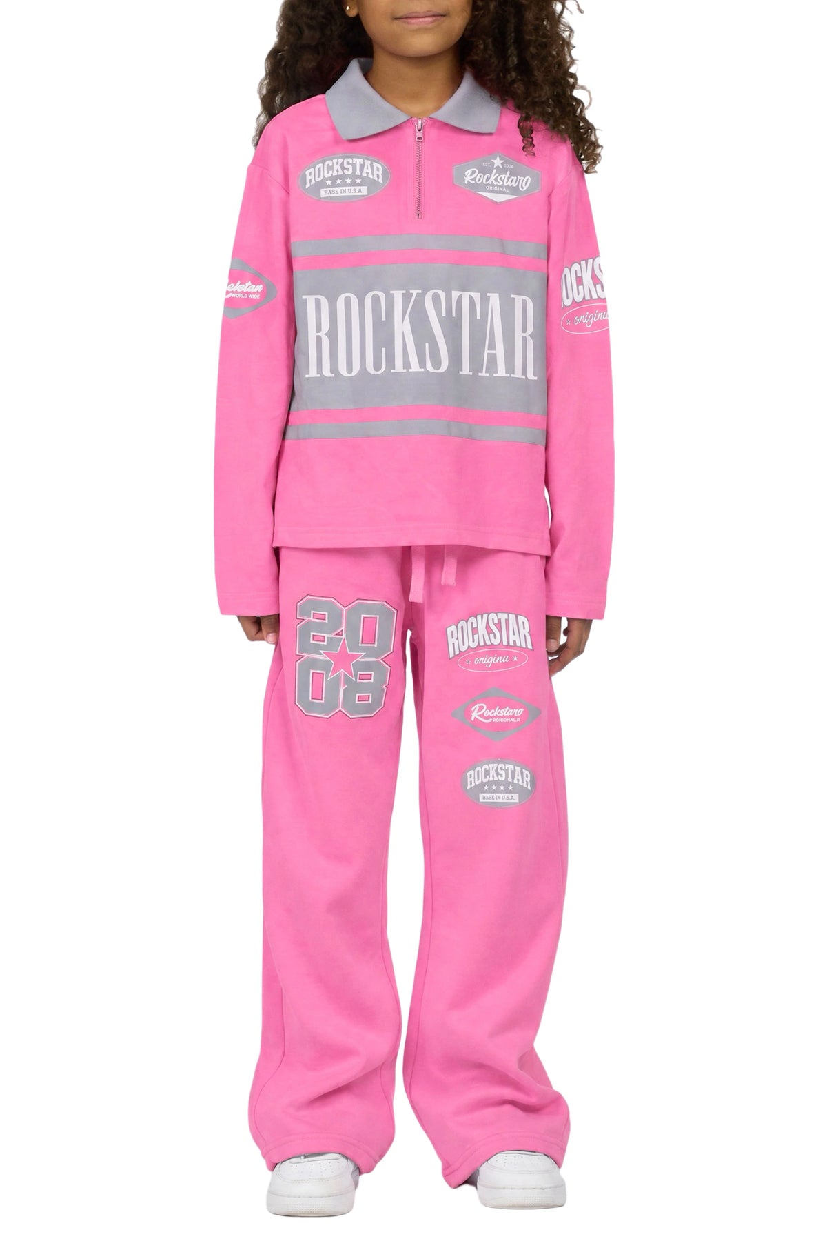 Girls Versenya Bubblegum/Grey Long Sleeve Polo Track Set