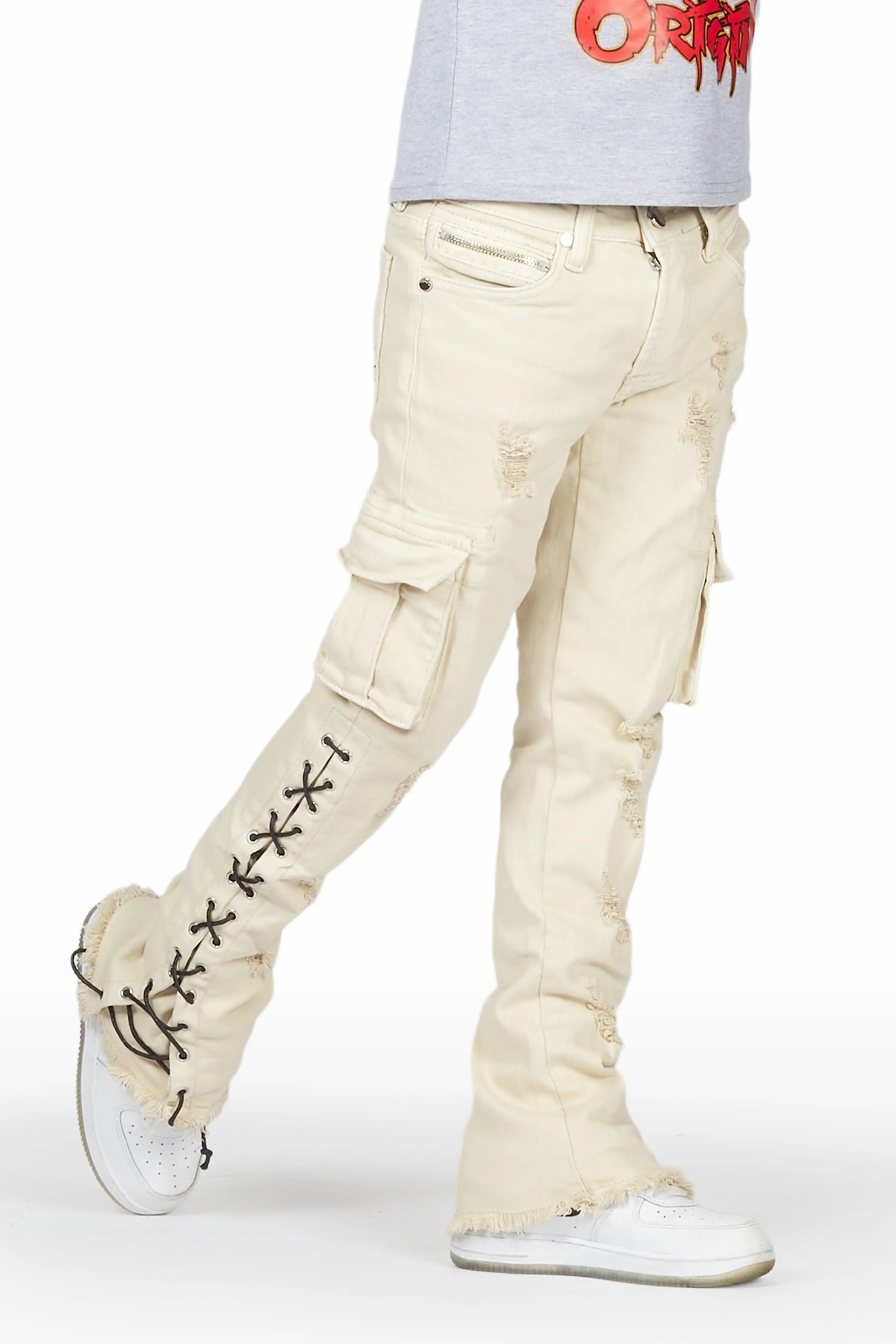 Boys Sylo Beige Stacked Flare Jean