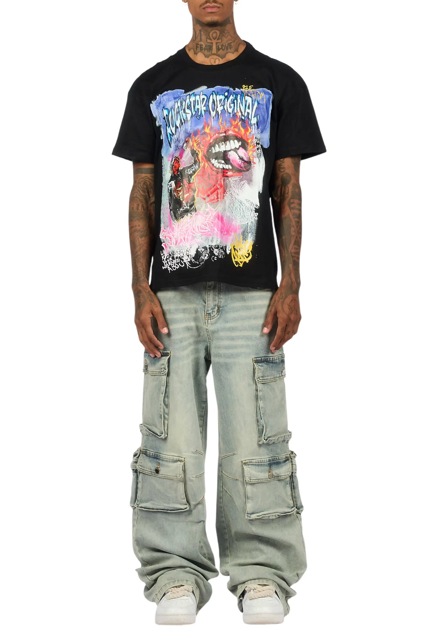 Yooz Black Oversized Graphic T-Shirt/Baggy Jean Bundle