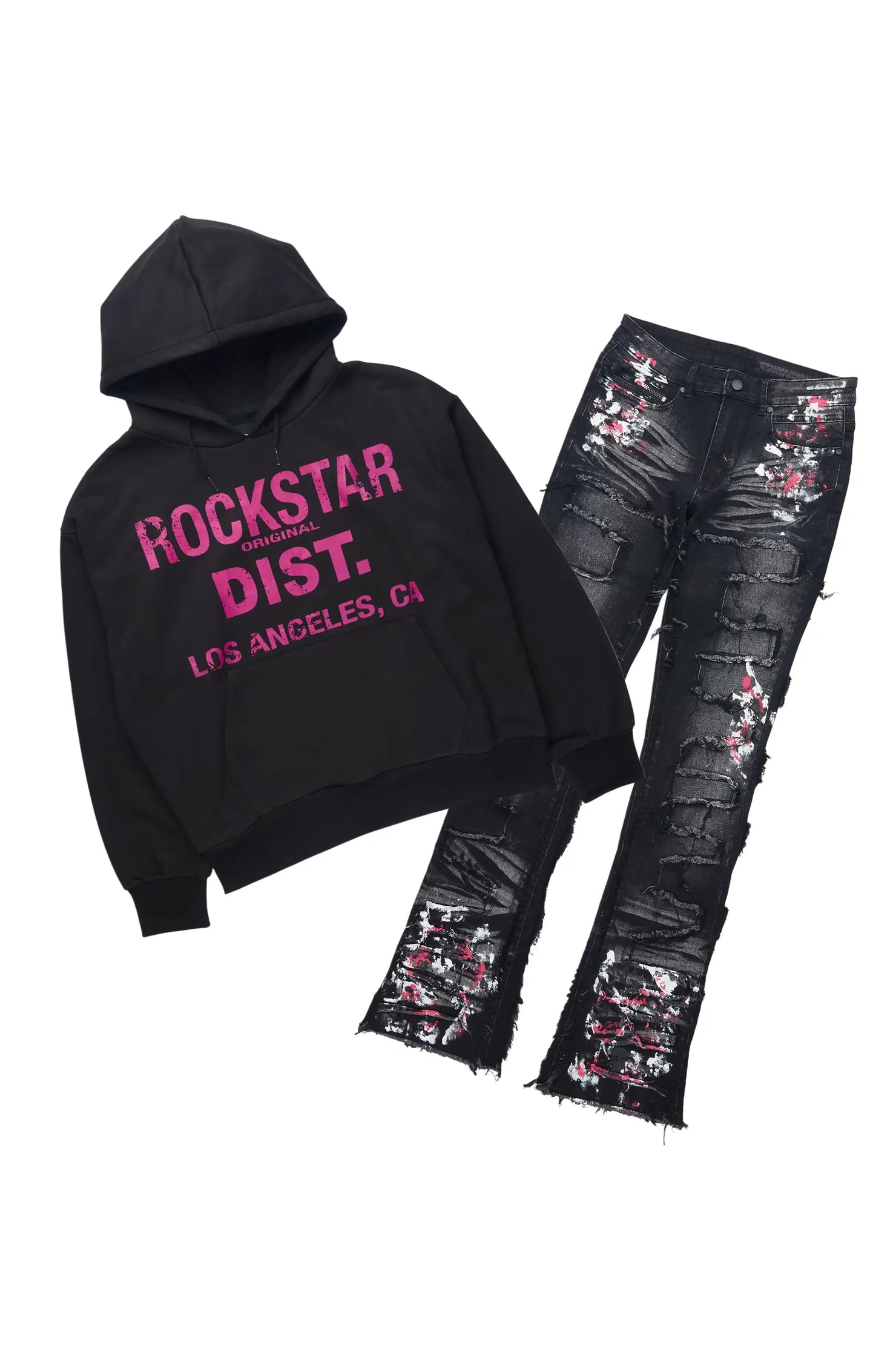 Saxon Pink/Black Hoodie/Stacked Flare Jean Set