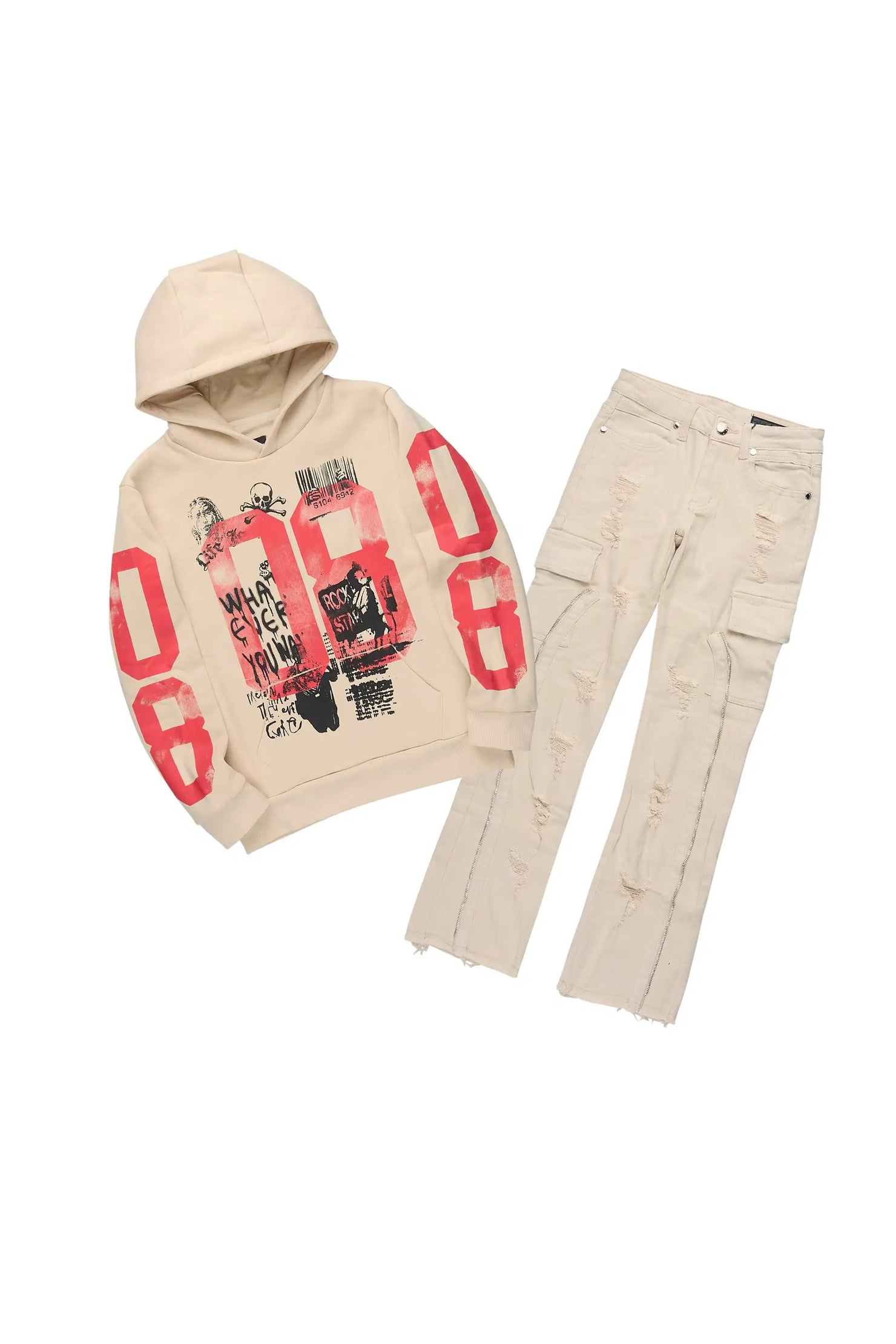 Boys Beau Beige Hoodie/Stacked Jean Set