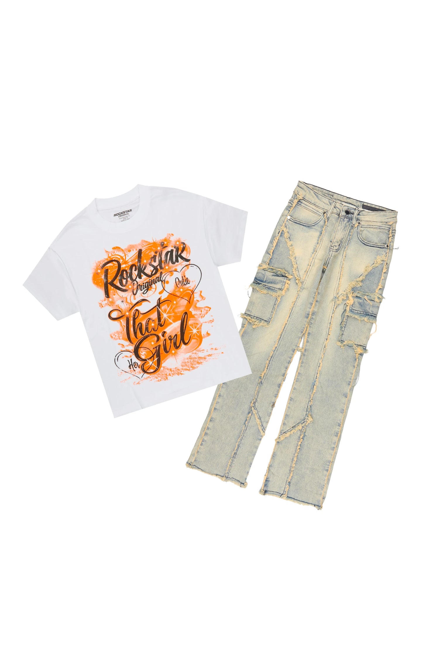 Girls Skye White/Dirty Blue T-Shirt Stacked Jean Set