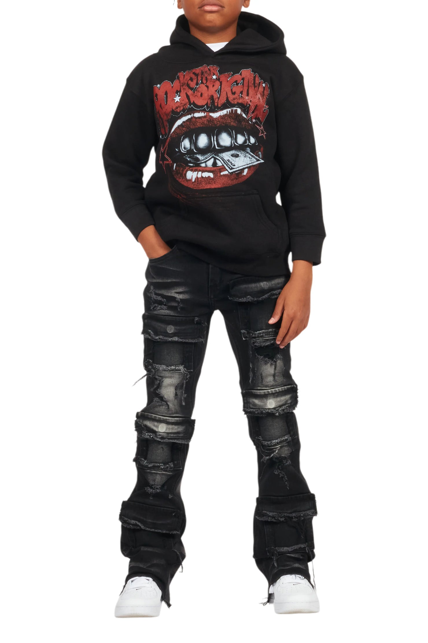 Boys Bloke Black Hoodie/Stacked Flare Jean Set